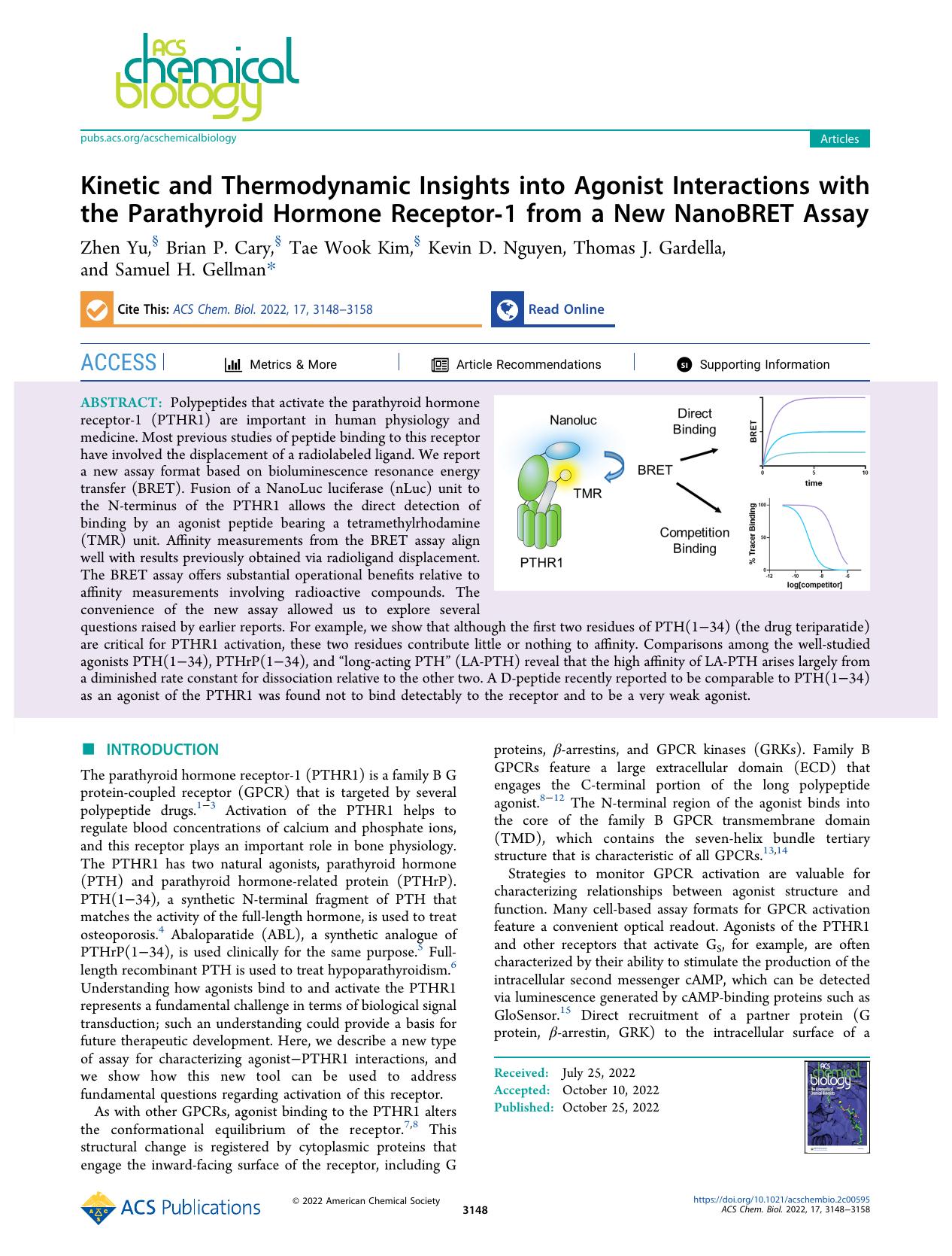 Kinetic and Thermodynamic Insights into Agonist Interactions with the Parathyroid Hormone Receptor-1 from a New NanoBRET Assay by Zhen Yu Brian P. Cary Tae Wook Kim Kevin D. Nguyen Thomas J. Gardella and Samuel H. Gellman