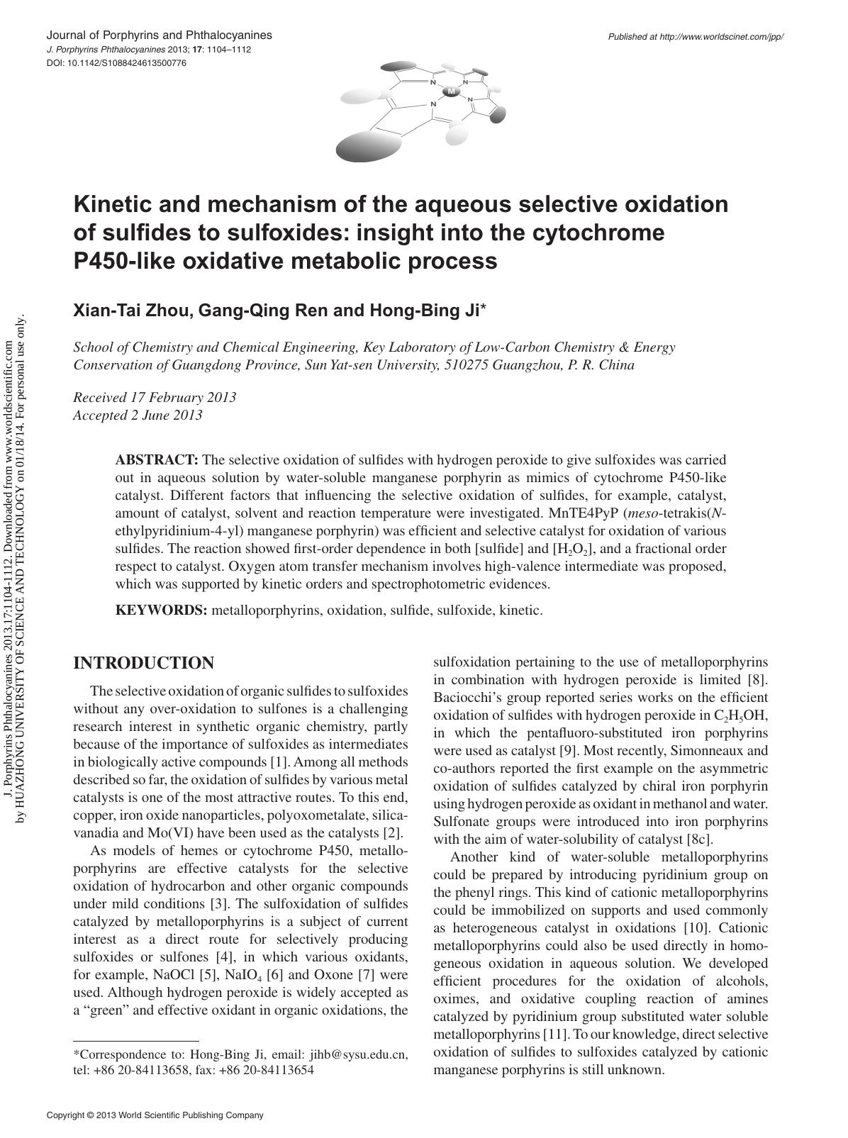 Kinetic and mechanism of the aqueous selective oxidation of sulfides to sulfoxides: insight into the cytochrome P450-like oxidative metabolic process by Xian-Tai Zhou Gang-Qing Ren & Hong-Bing Ji