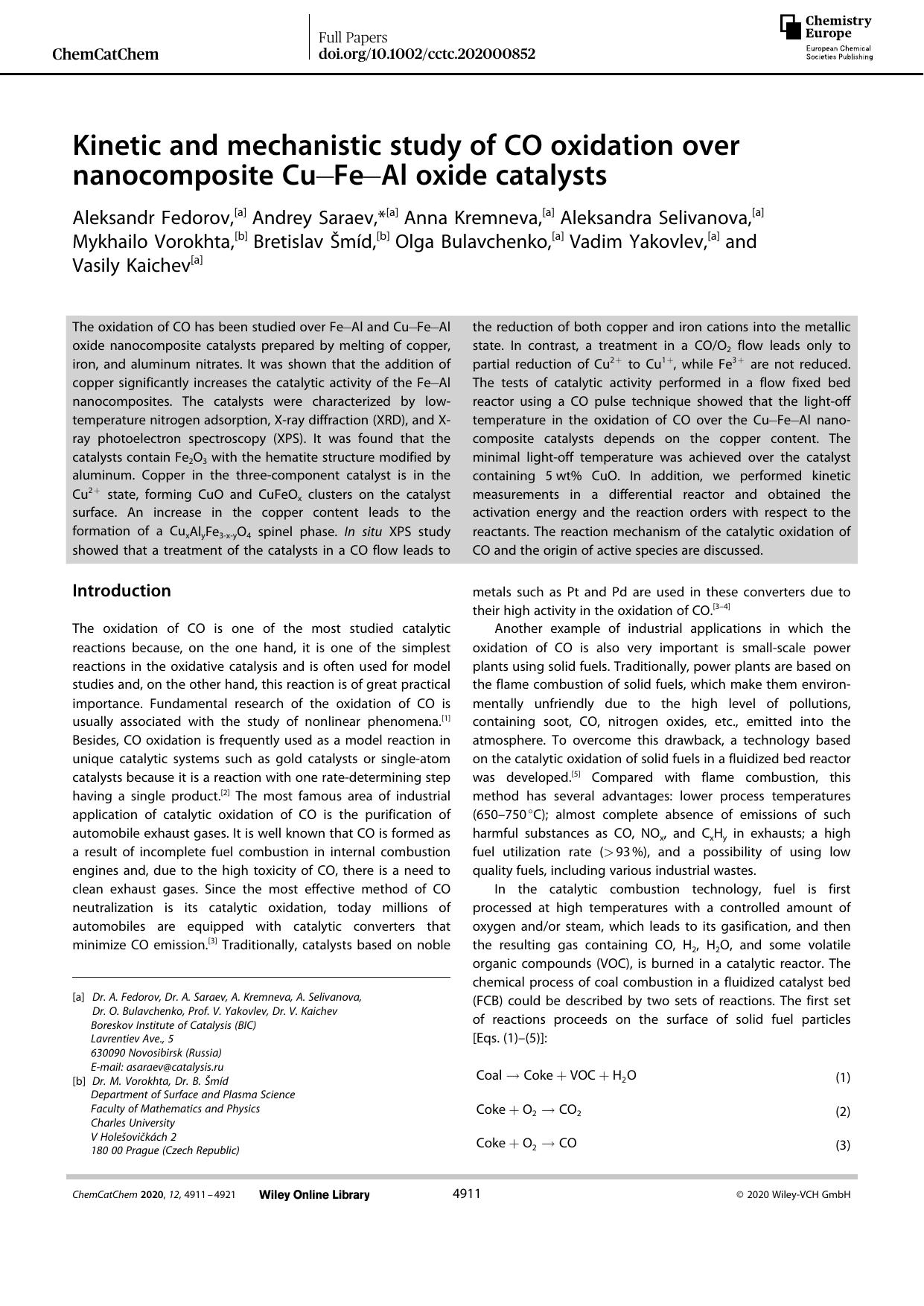 Kinetic and mechanistic study of CO oxidation over nanocomposite CuâFeâAl oxide catalysts by Unknown