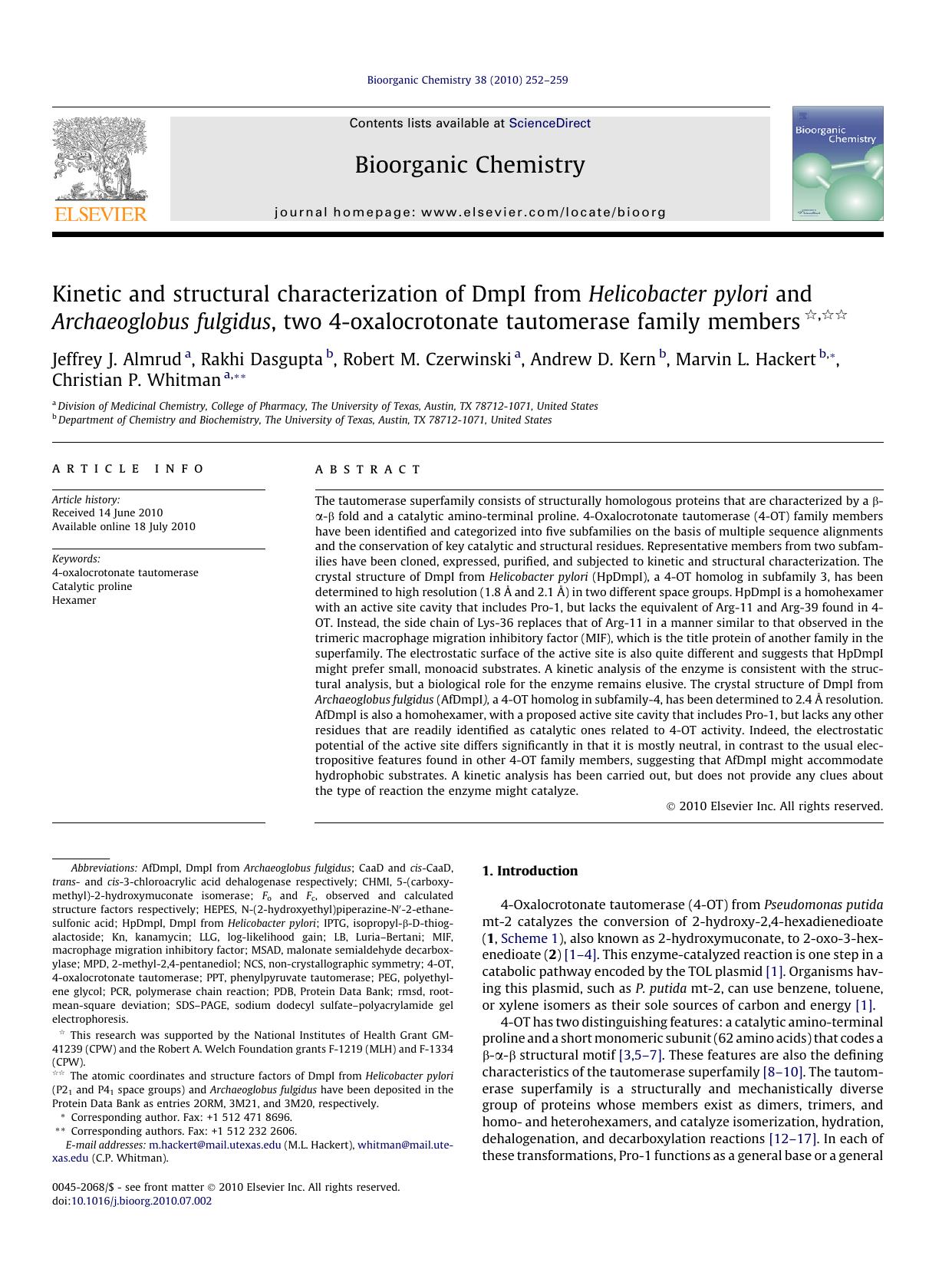 Kinetic and structural characterization of DmpI from Helicobacter pylori and Archaeoglobus fulgidus, two 4-oxalocrotonate tautomerase family members by unknow