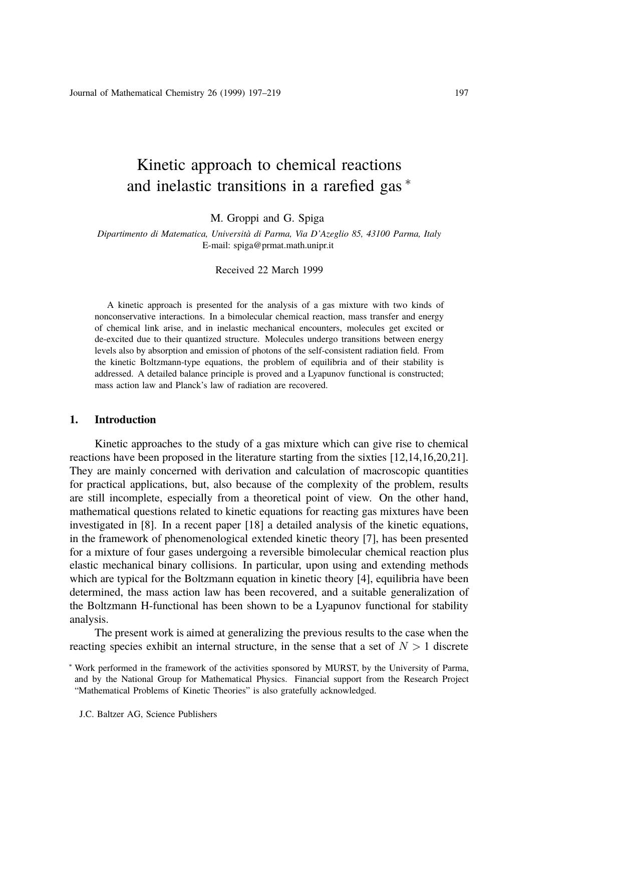 Kinetic approach to chemical reactions and inelastic transitions in a rarefied gas by Unknown