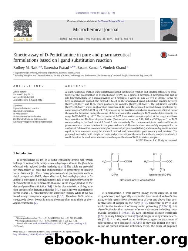 Kinetic assay of D-Penicillamine in pure and pharmaceutical formulations based on ligand substitution reaction by Radhey M. Naik & Surendra Prasad & Basant Kumar & Vimlesh Chand