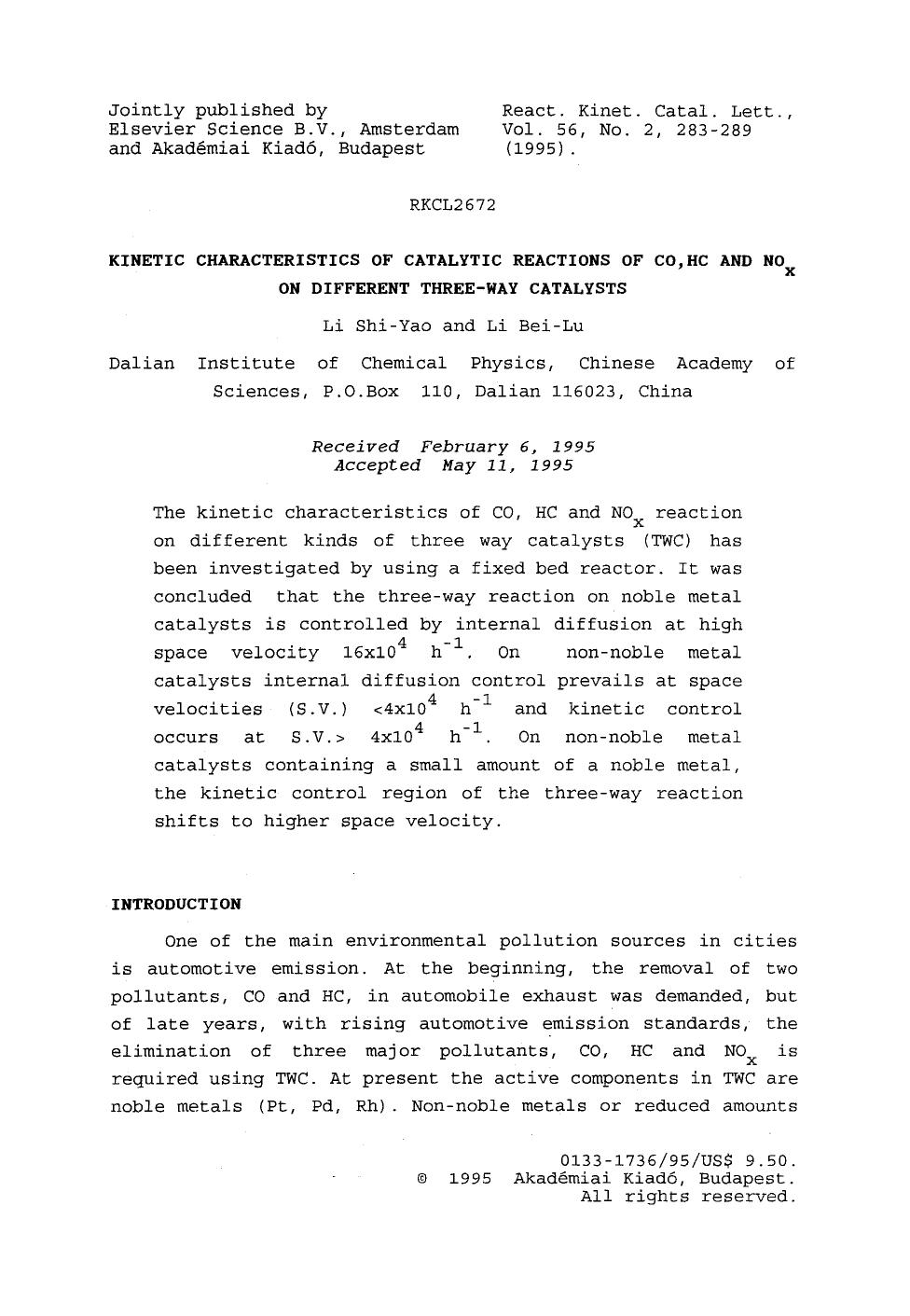 Kinetic characteristics of catalytic reactions of CO, HC and NO <Subscript>x <Subscript> on different three-way catalysts by Unknown