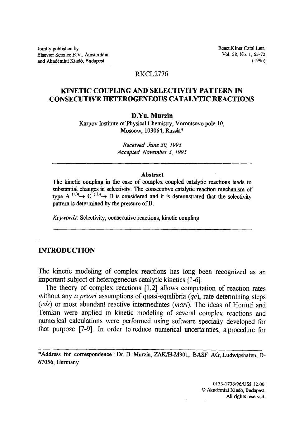 Kinetic coupling and selectivity pattern in consecutive heterogeneous catalytic reactions by Unknown