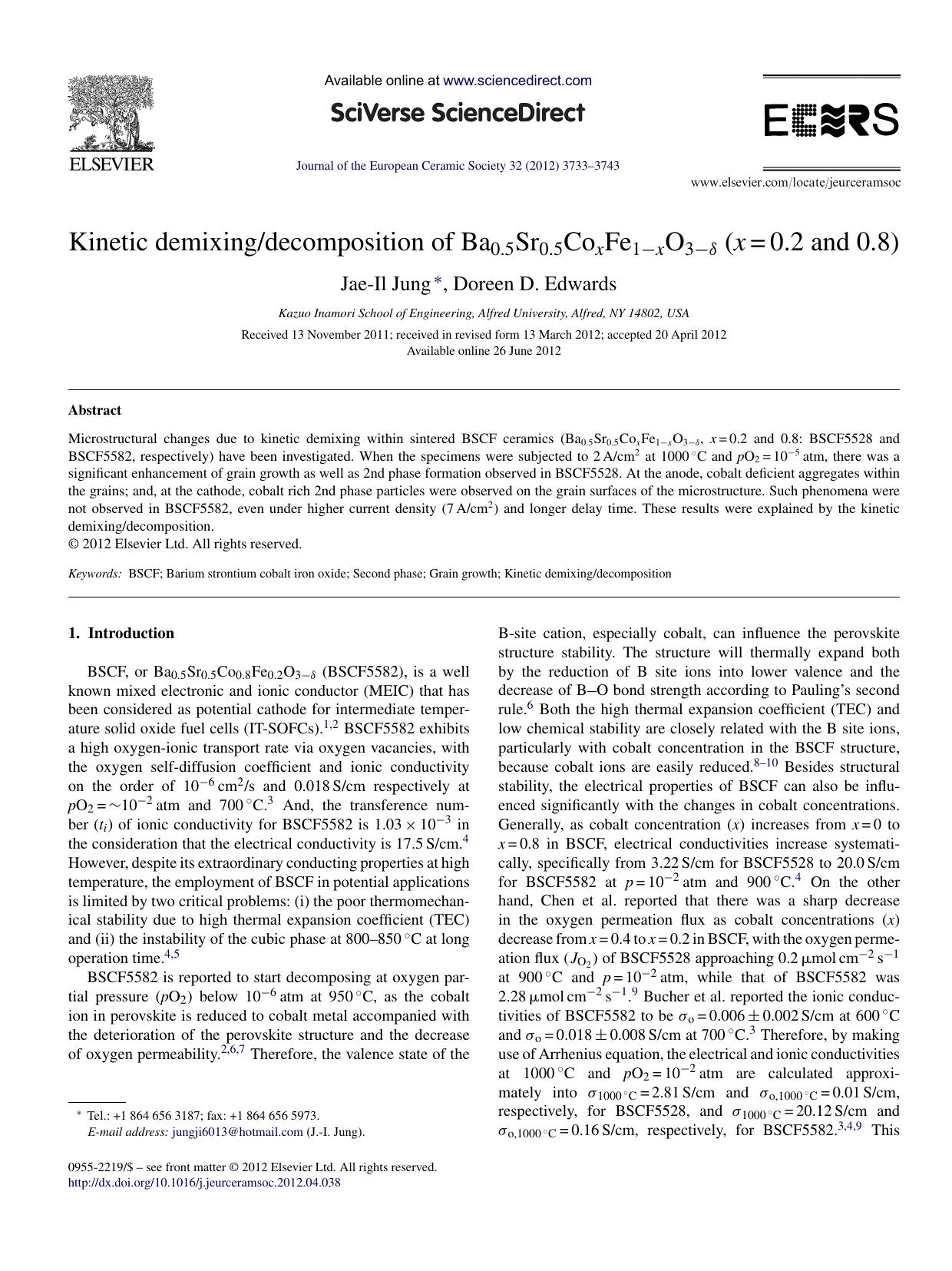 Kinetic demixingdecomposition of Ba0.5Sr0.5CoxFe1âxO3âÎ´ (x=0.2 and 0.8) by Jae-Il Jung