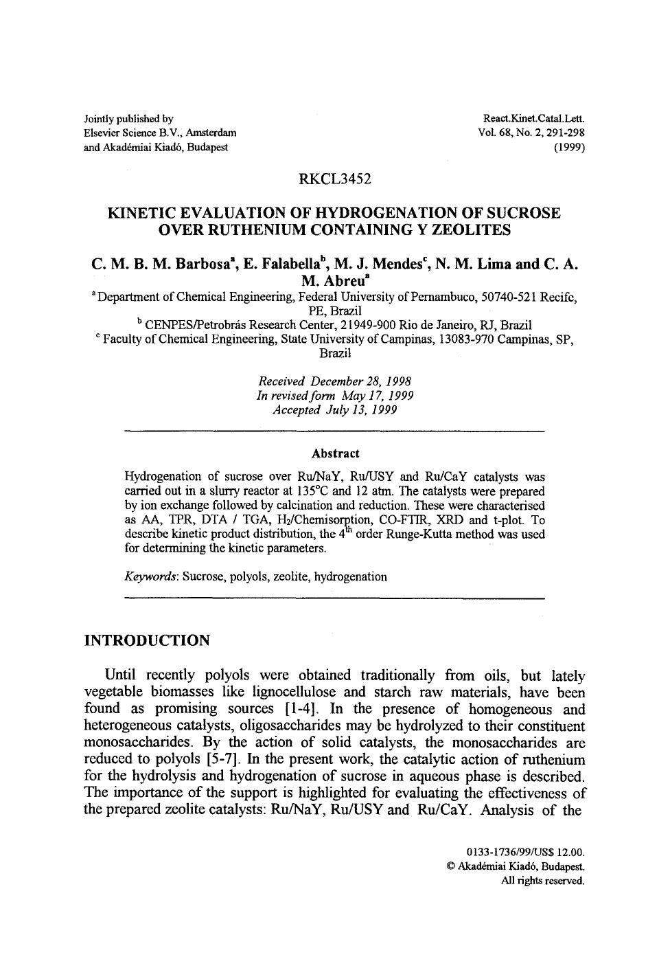 Kinetic evaluation of hydrogenation of sucrose over ruthenium containing Y zeolites by Unknown