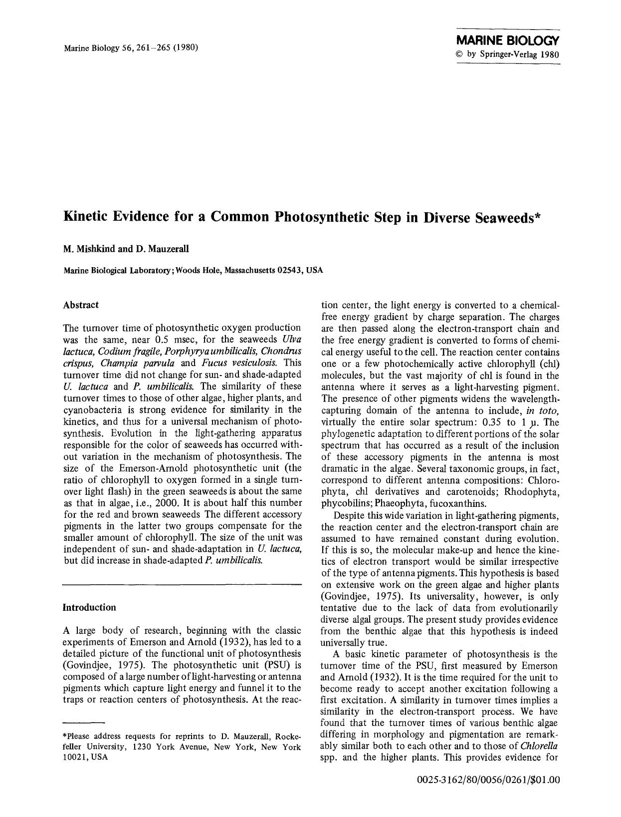 Kinetic evidence for common photosynthetic step in diverse seaweeds by Unknown