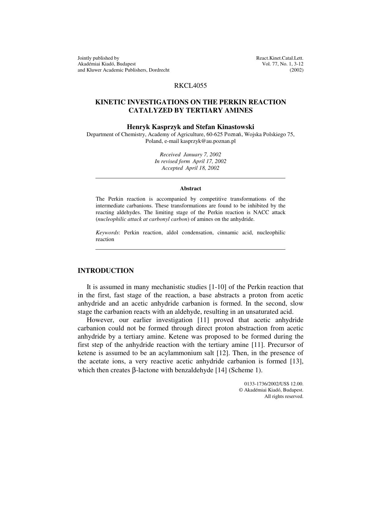Kinetic investigations on the Perkin reaction catalyzed by tertiary amines by Unknown