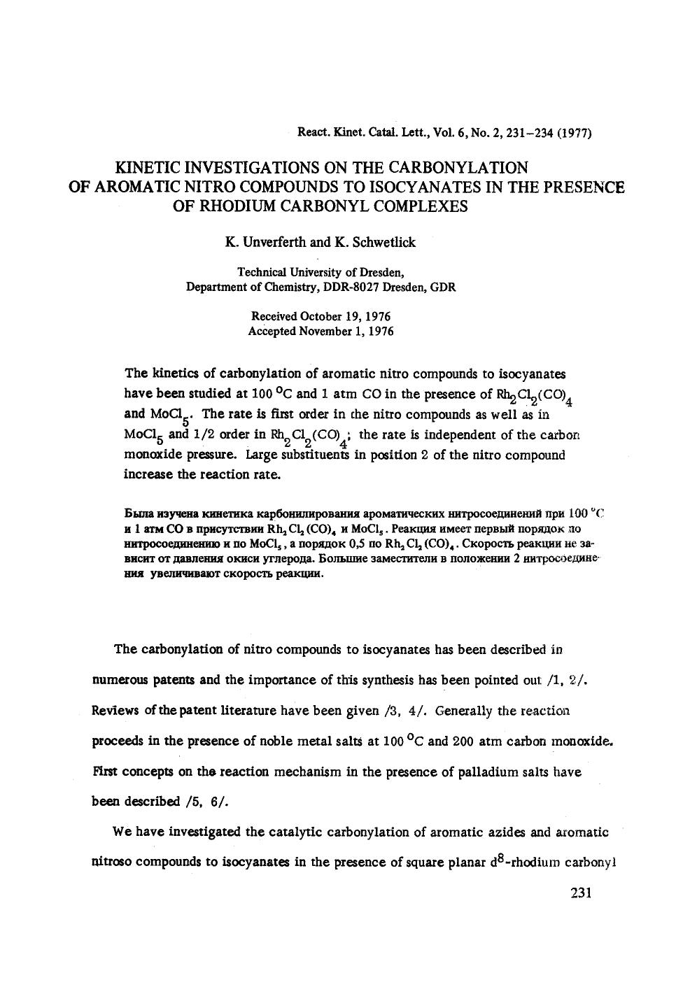 Kinetic investigations on the carbonylation of aromatic nitro compounds to isocyanates in the presence of rhodium carbonyl complexes by Unknown