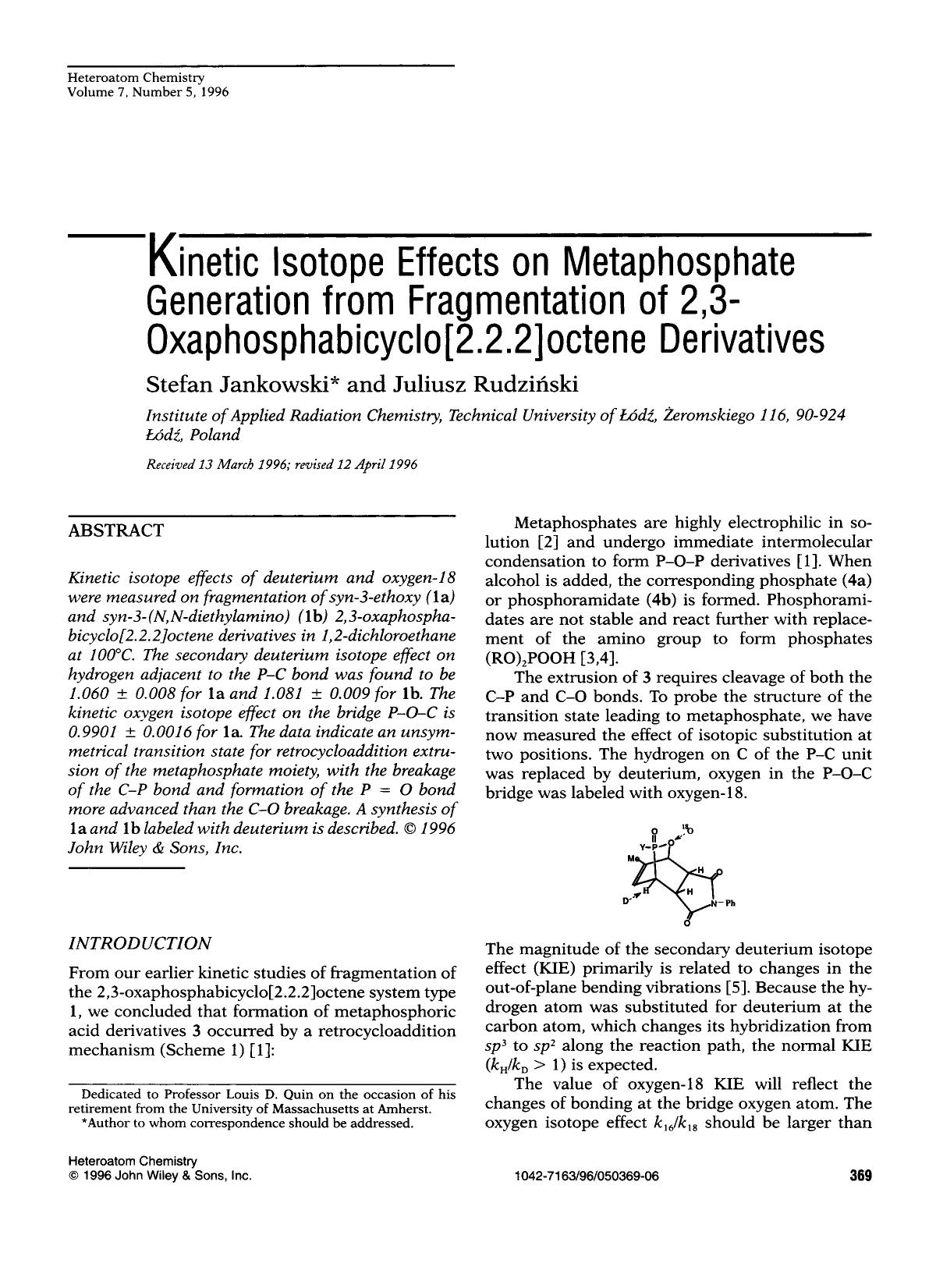 Kinetic isotope effects on metaphosphate generation from fragmentation of 2,3-oxaphosphabicyclo[2.2.2]octene derivatives by Unknown