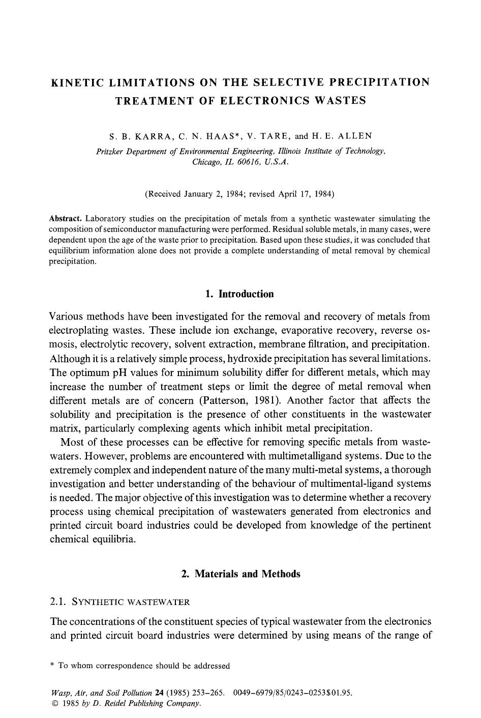 Kinetic limitations on the selective precipitation treatment of electronics wastes by Unknown