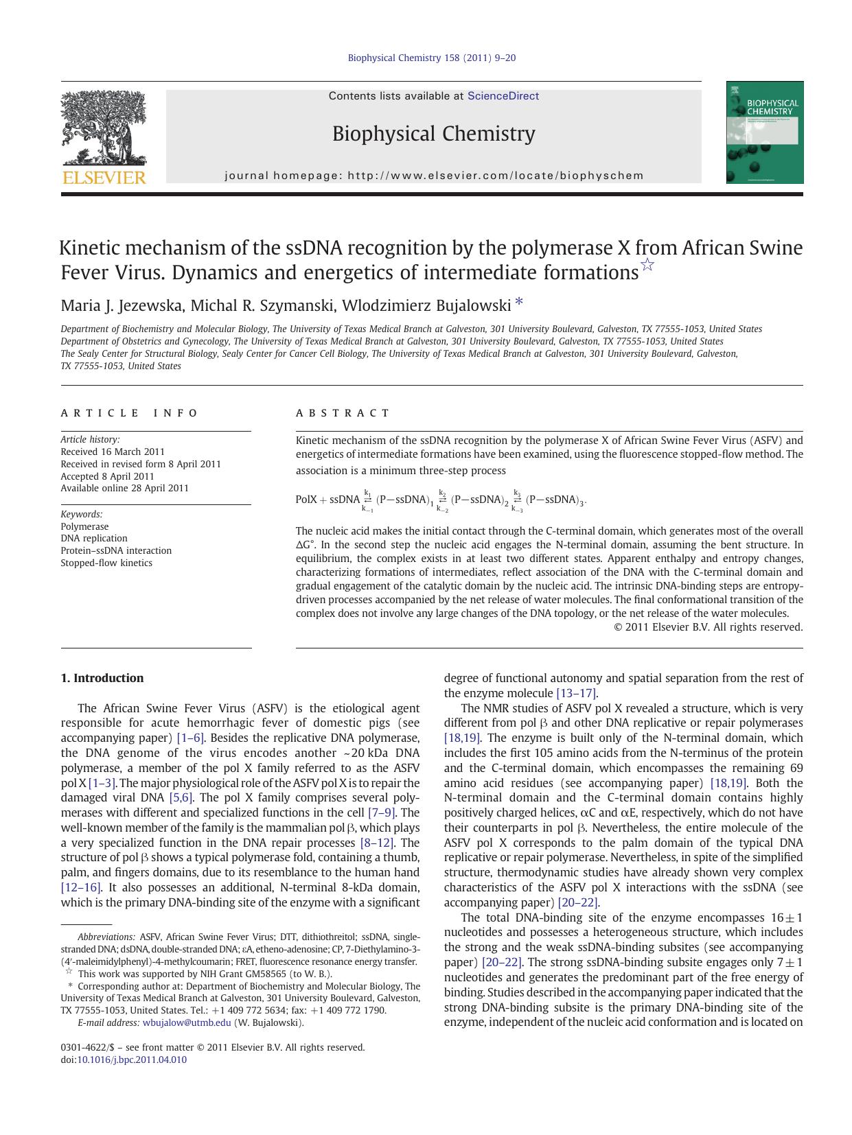 Kinetic mechanism of the ssDNA recognition by the polymerase X from African Swine Fever Virus. Dynamics and energetics of intermediate formations by Maria J. Jezewska & Michal R. Szymanski & Wlodzimierz Bujalowski