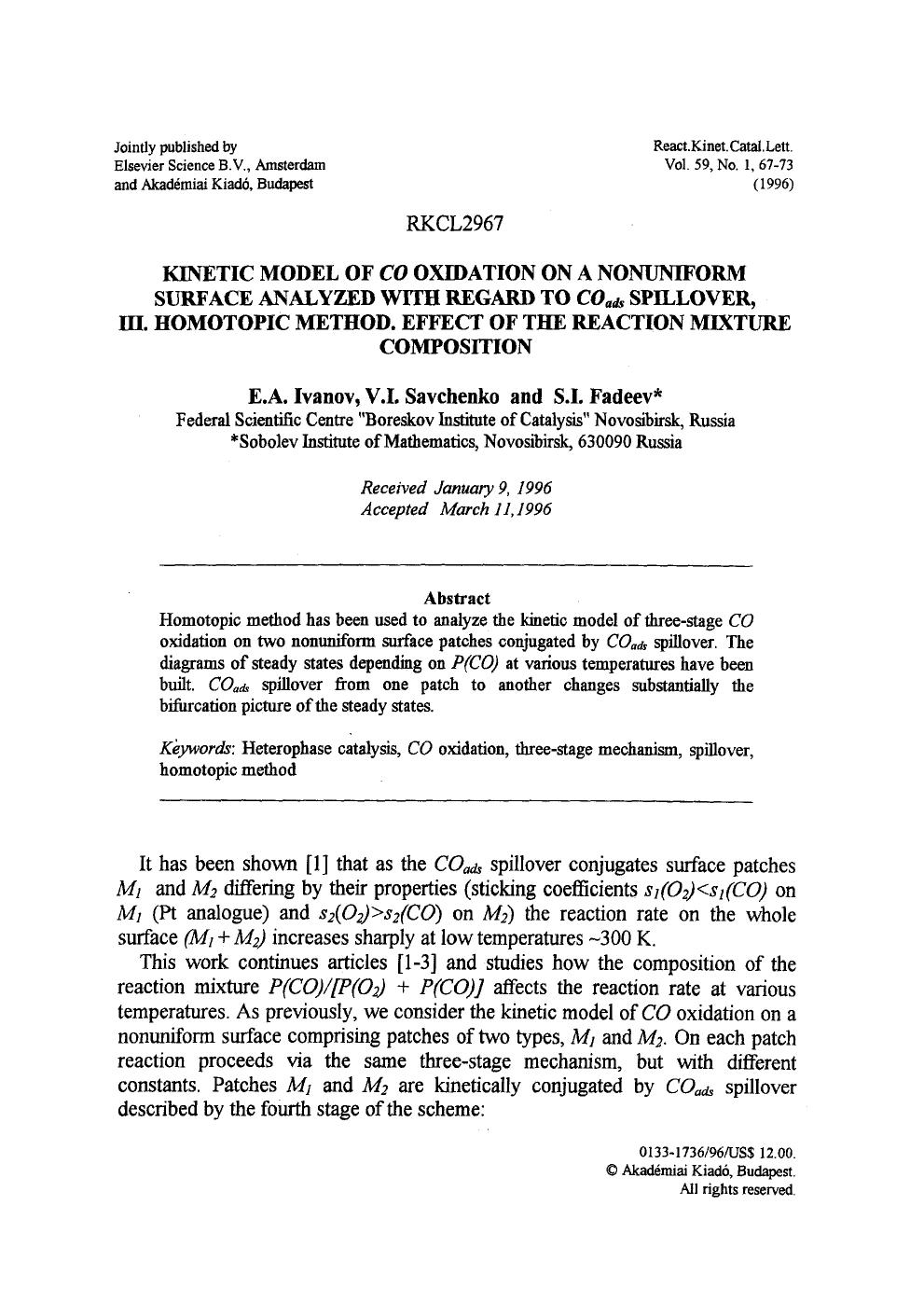 Kinetic model of <Emphasis Type="Italic">CO <Emphasis> oxidation on a nonuniform surface analyzed with regard to <Emphasis Type="Italic">CO <Emphasis> <Subscript>ads <Subscript> sp by Unknown