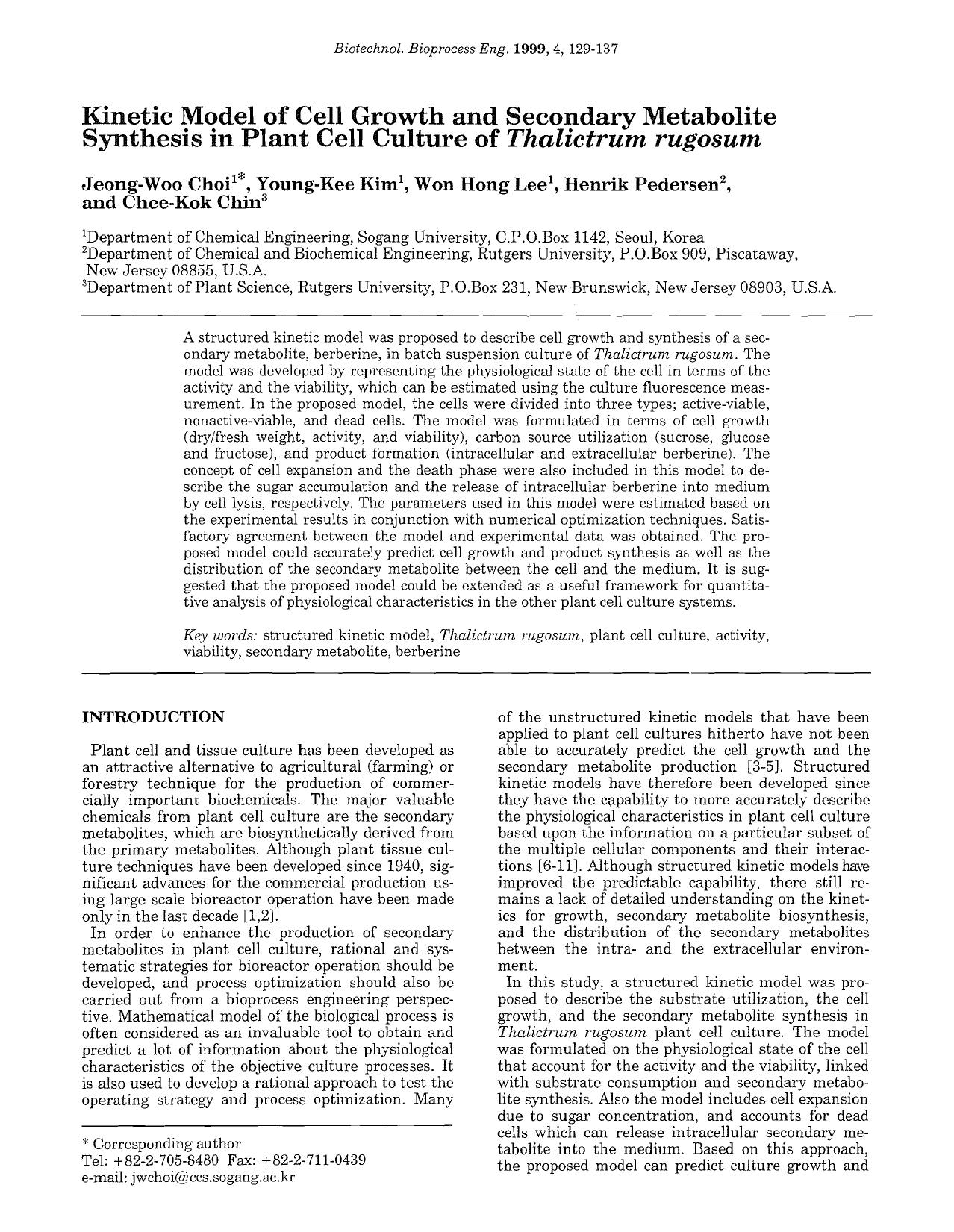 Kinetic model of cell growth and secondary metabolite synthesis in plant cell culture of <Emphasis Type="Italic">Thalictrum rugosum <Emphasis> by Unknown