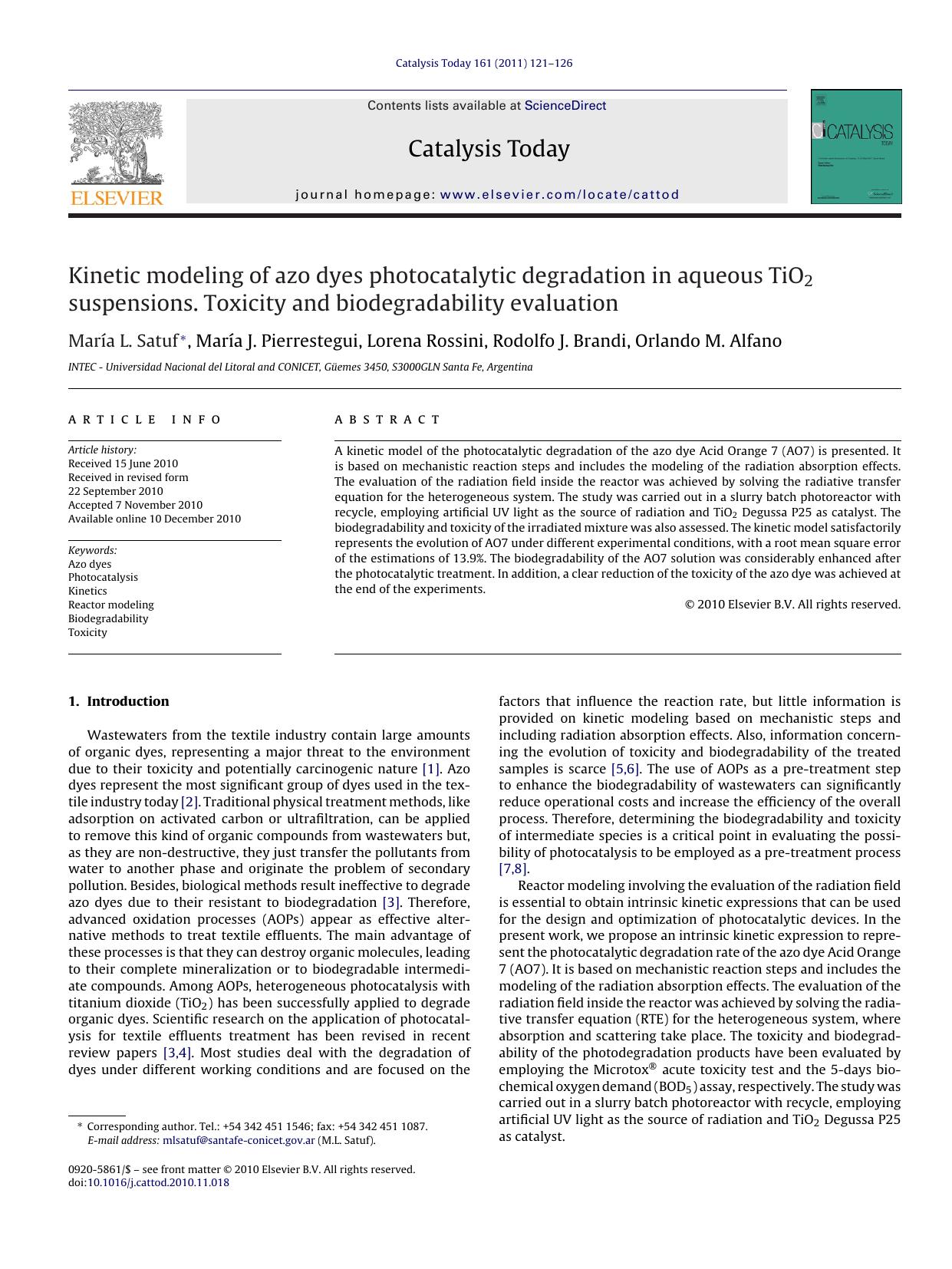 Kinetic modeling of azo dyes photocatalytic degradation in aqueous TiO2 suspensions. Toxicity and biodegradability evaluation by MarÃ­a L. Satuf