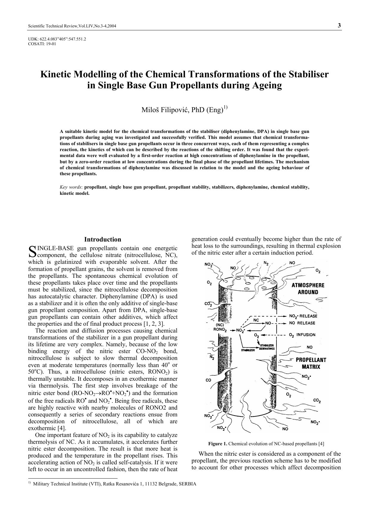 Kinetic modelling of the chemical transformations of the stabiliser in single base gun propellants during ageing by Filipović Miloš