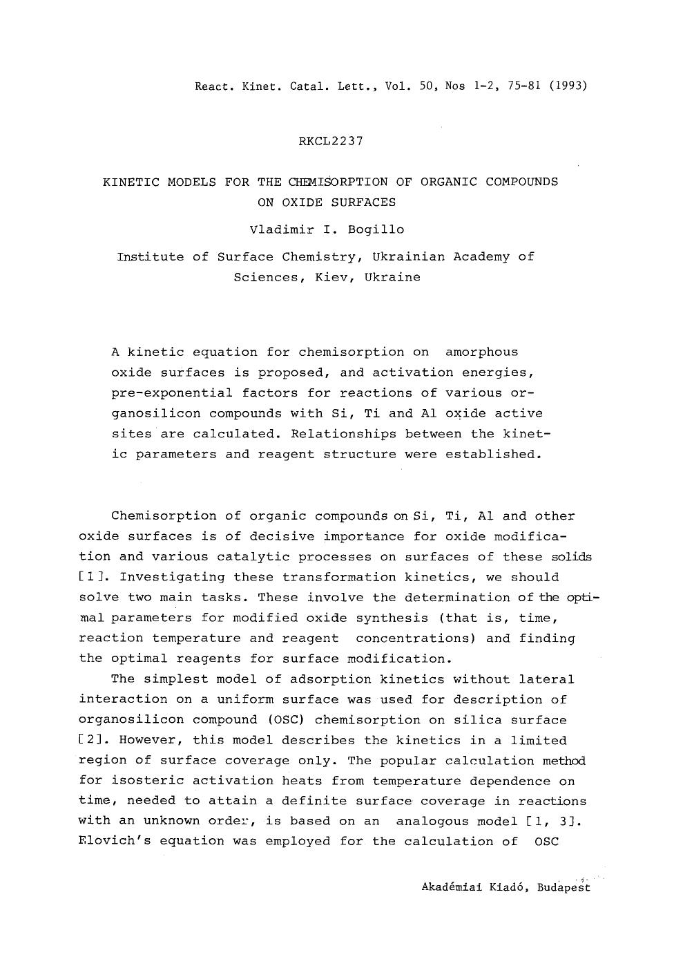 Kinetic models for the chemisorption of organic compounds on oxide surfaces by Unknown