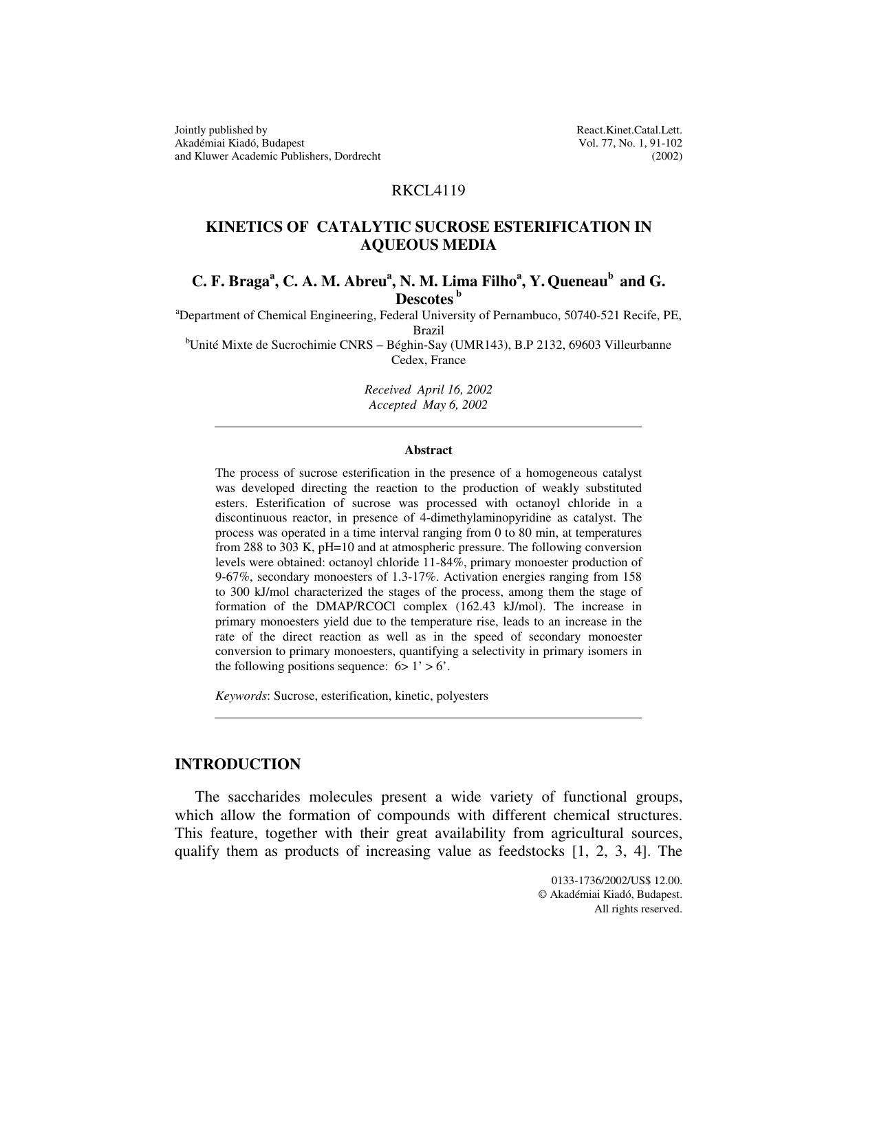 Kinetic of catalytic sucrose esterification in aqueous media by Unknown