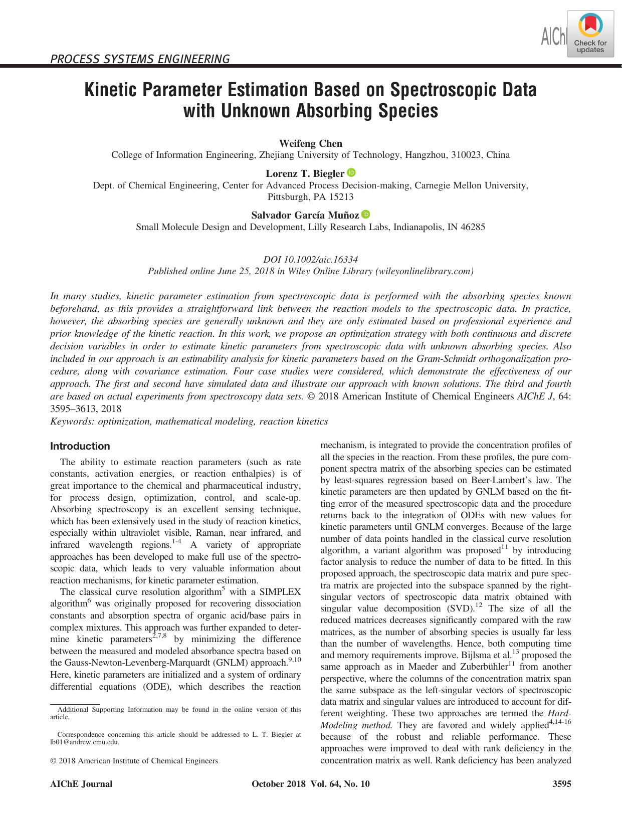 Kinetic parameter estimation based on spectroscopic data with unknown absorbing species by Unknown