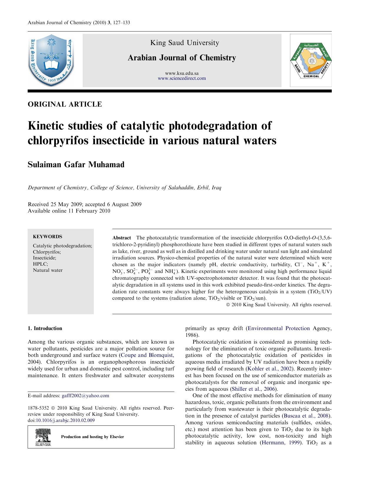 Kinetic studies of catalytic photodegradation of chlorpyrifos insecticide in various natural waters by Sulaiman Gafar Muhamad