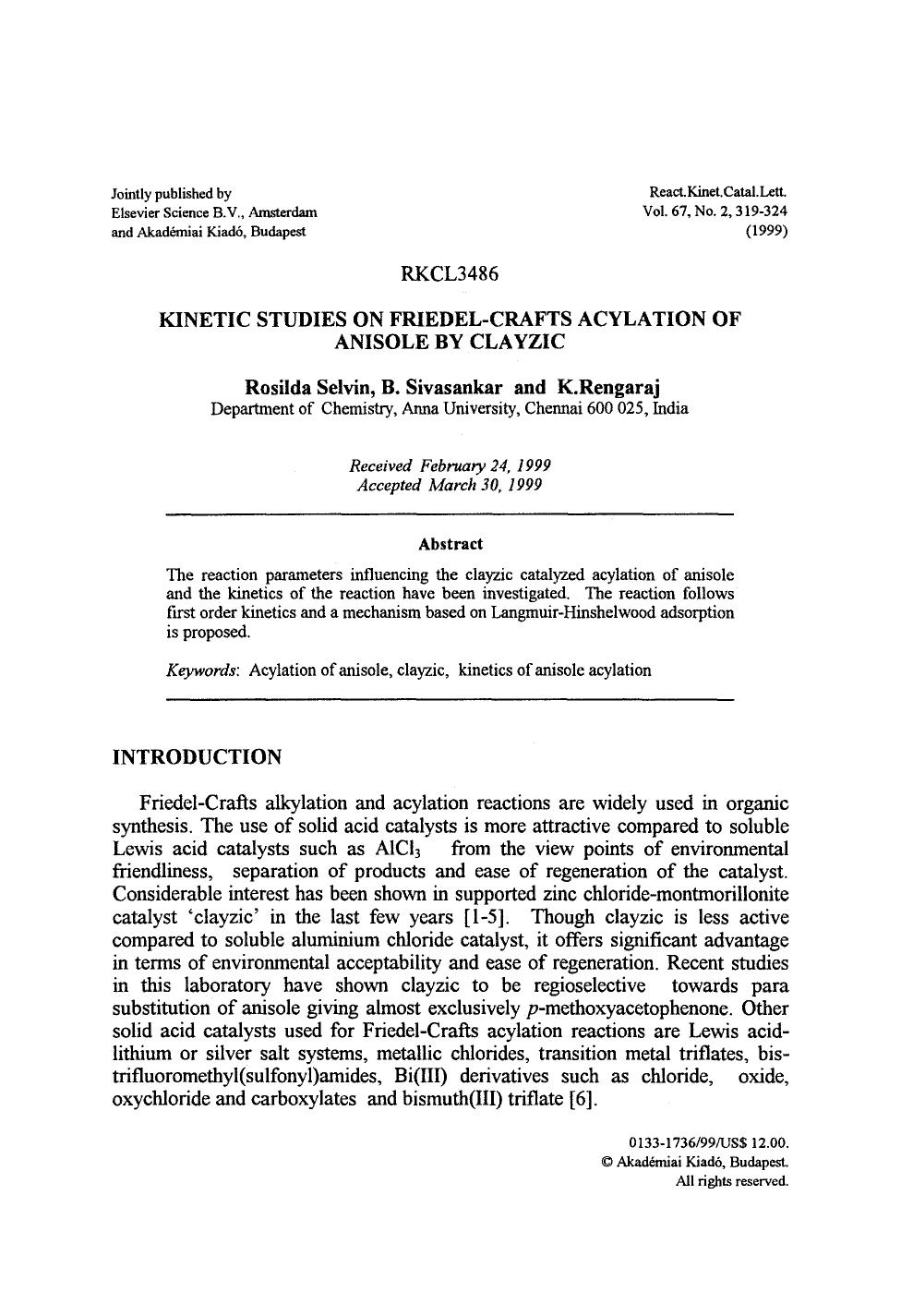 Kinetic studies on Friedel-Crafts acylation of anisole by clayzic by Unknown