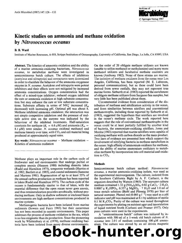 Kinetic studies on ammonia and methane oxidation by <Emphasis Type="Italic">Nitrosococcus oceanus<Emphasis> by Unknown