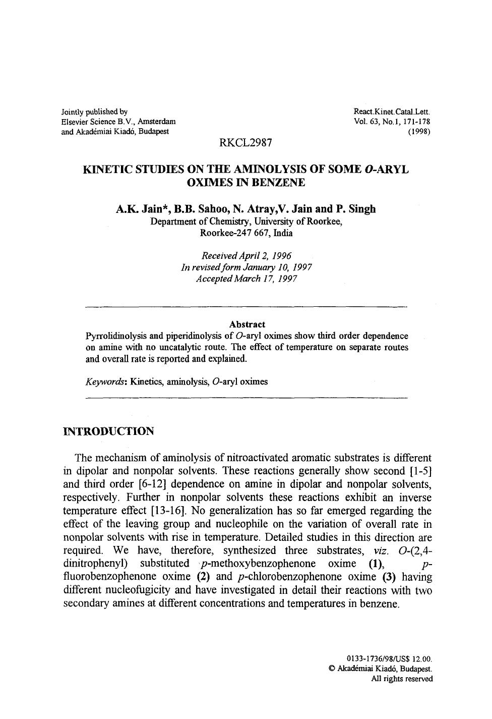 Kinetic studies on the aminolysis of some <Emphasis Type="Italic">O <Emphasis>-aryl oximes in benzene by Unknown