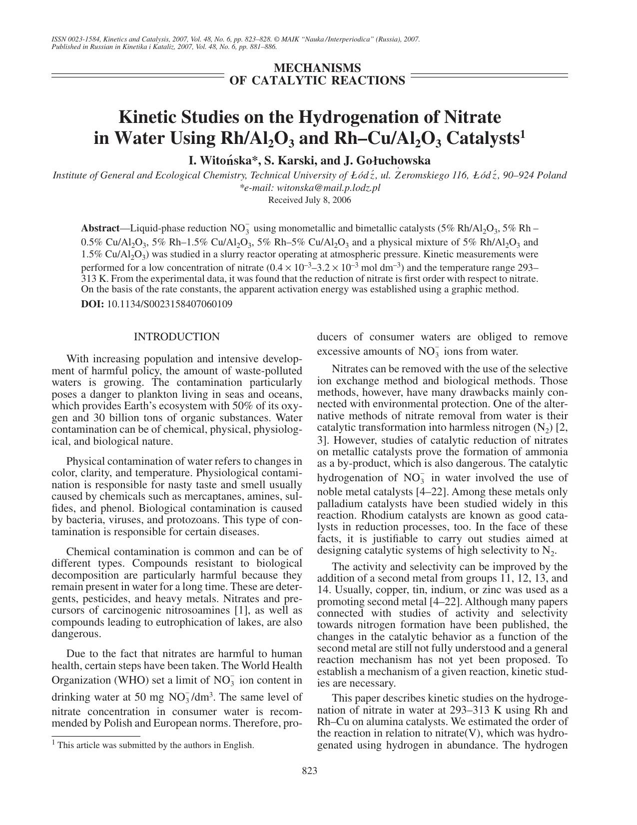 Kinetic studies on the hydrogenation of nitrate in water using RhAl<Subscript>2<Subscript>O<Subscript>3<Subscript> and Rh-CuAl<Subscript>2<Subscript>O<Subscript>3<Subscript> catalysts by Unknown