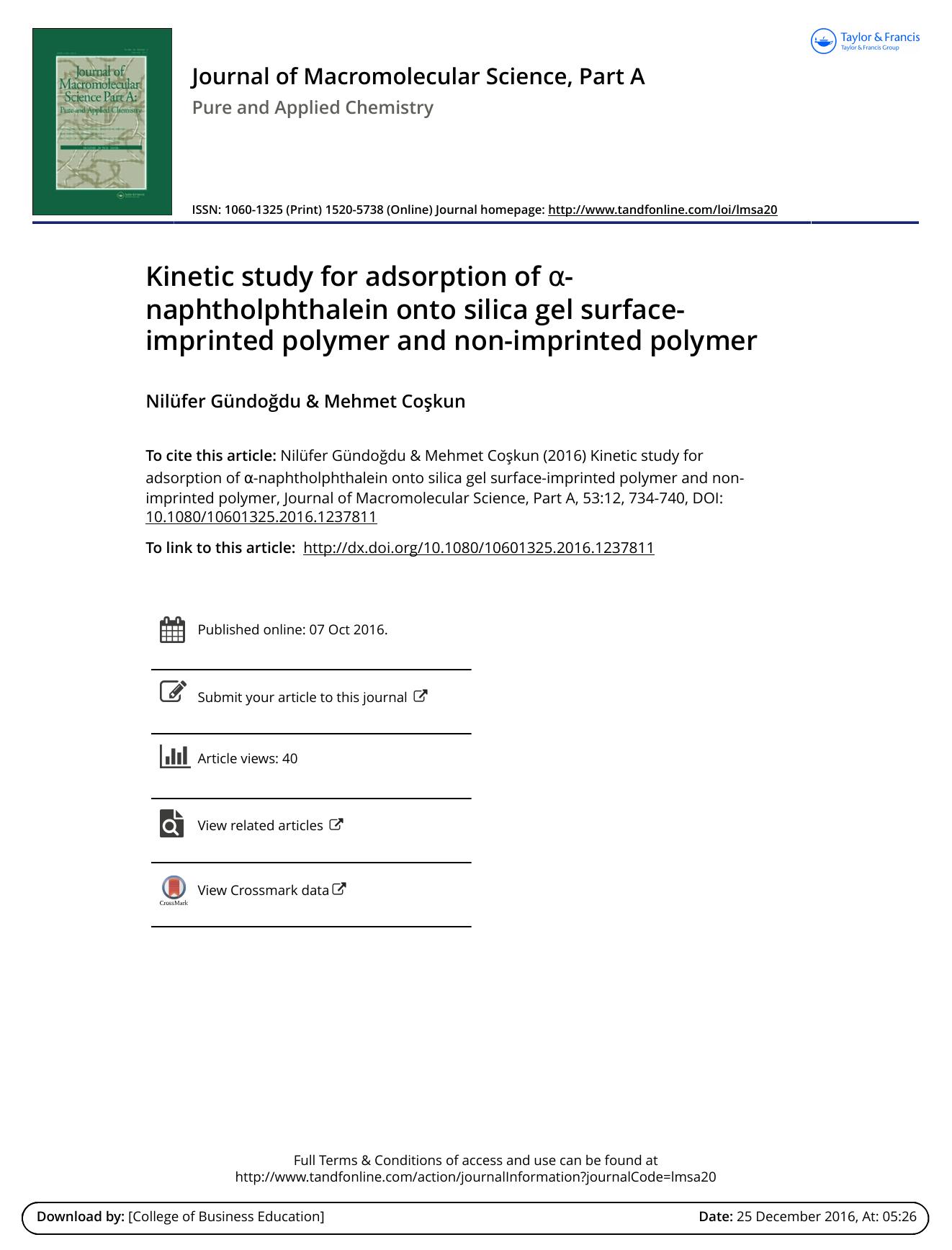 Kinetic study for adsorption of Î±-naphtholphthalein onto silica gel surface-imprinted polymer and non-imprinted polymer by Nilüfer Gündoğdu & Mehmet Coskun