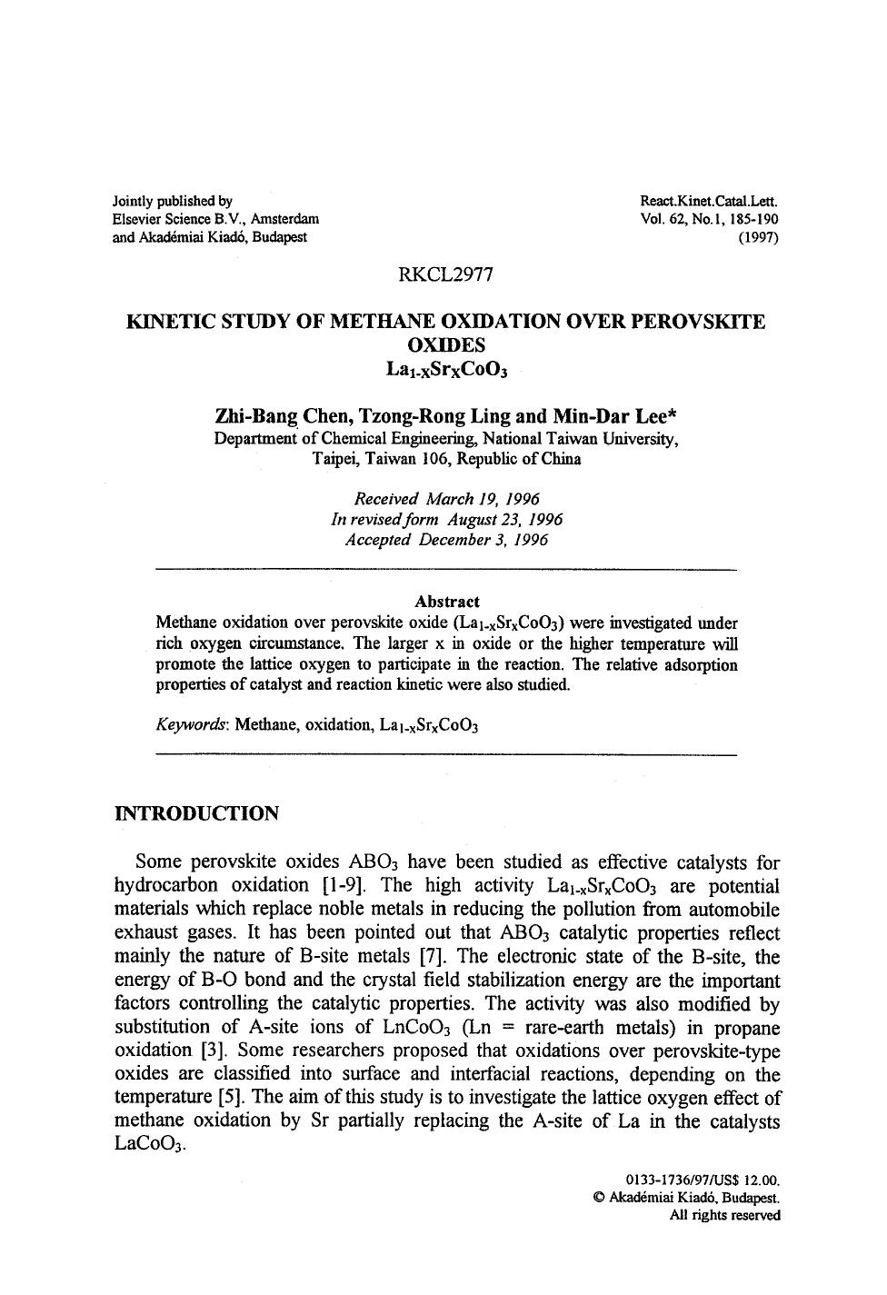 Kinetic study of methane oxidation over perovskite oxides La <Subscript>1&#x2212;x <Subscript>Sr <Subscript>x <Subscript>CoO <Subscript>3 <Subscript> by Unknown