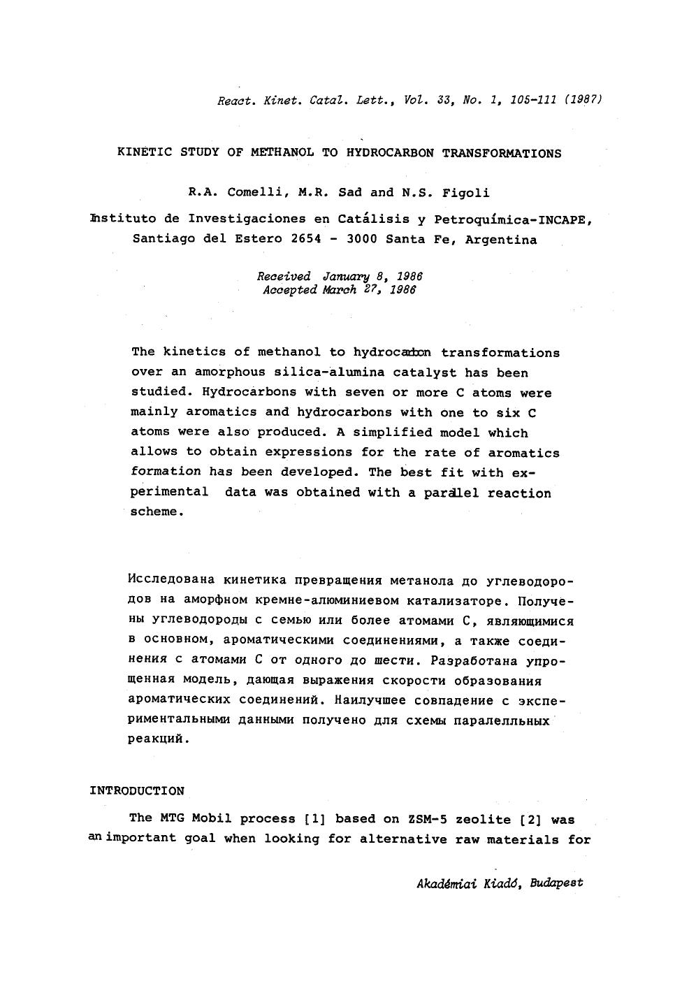 Kinetic study of methanol to hydrocarbon transformations by Unknown