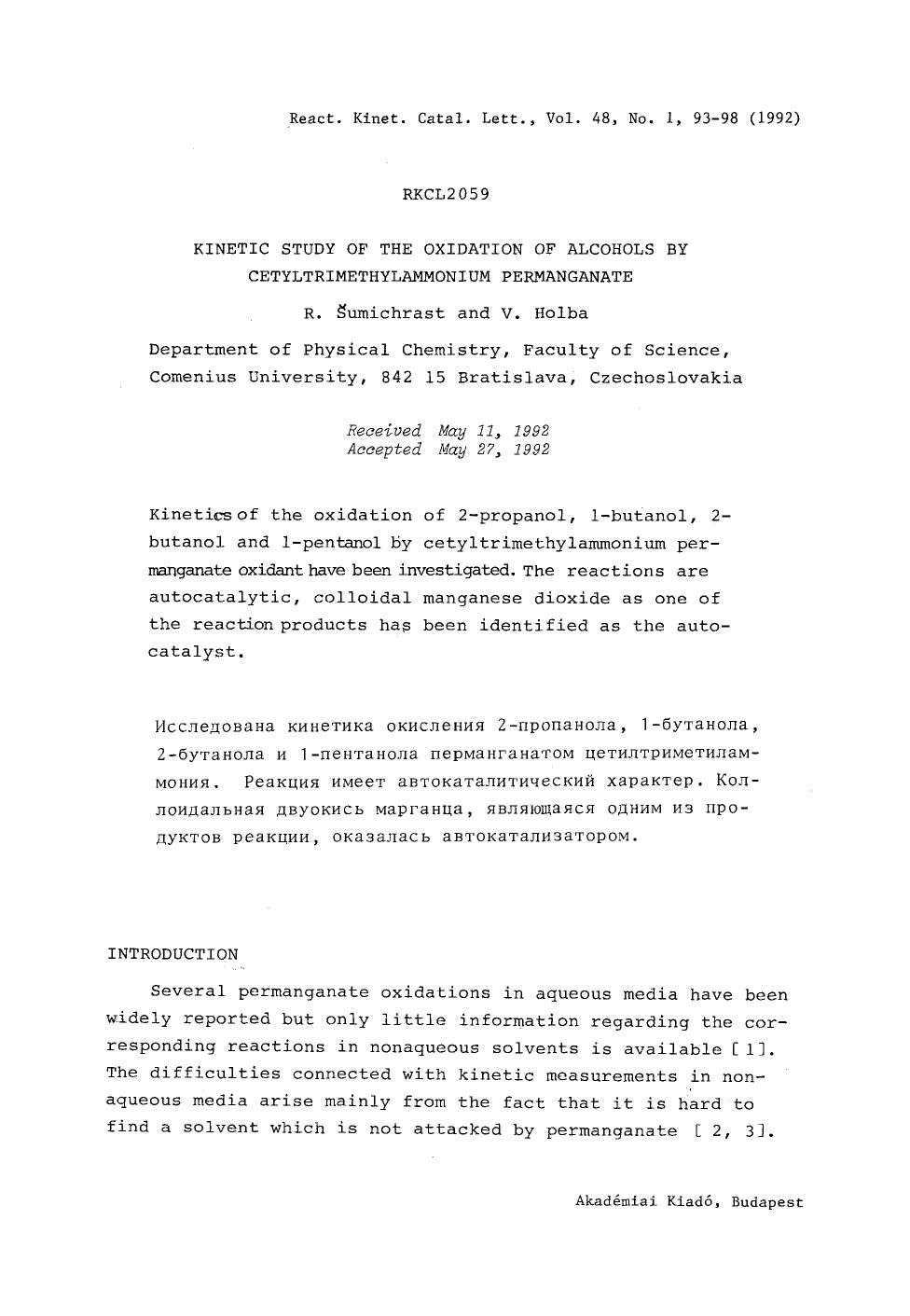 Kinetic study of the oxidation of alcohols by cetyltrimethylammonium permanganate by Unknown
