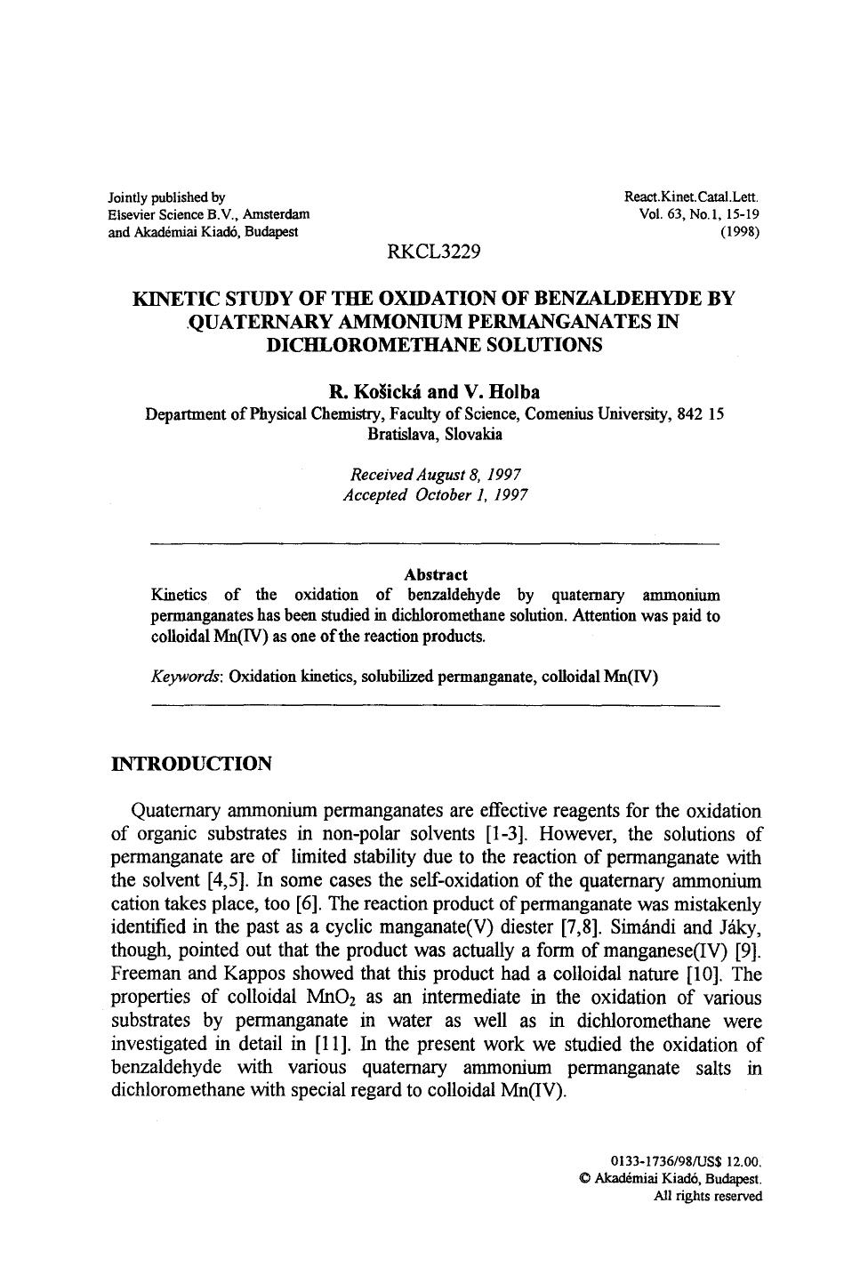 Kinetic study of the oxidation of benzaldehyde by quaternary ammonium permanganates in dichloromethane solutions by Unknown