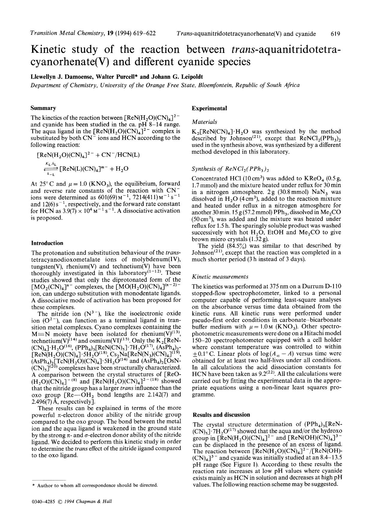Kinetic study of the reaction between <Emphasis Type="Italic">trans <Emphasis>-aquanitridotetra-cyanorhenate(V) and different cyanide species by Unknown