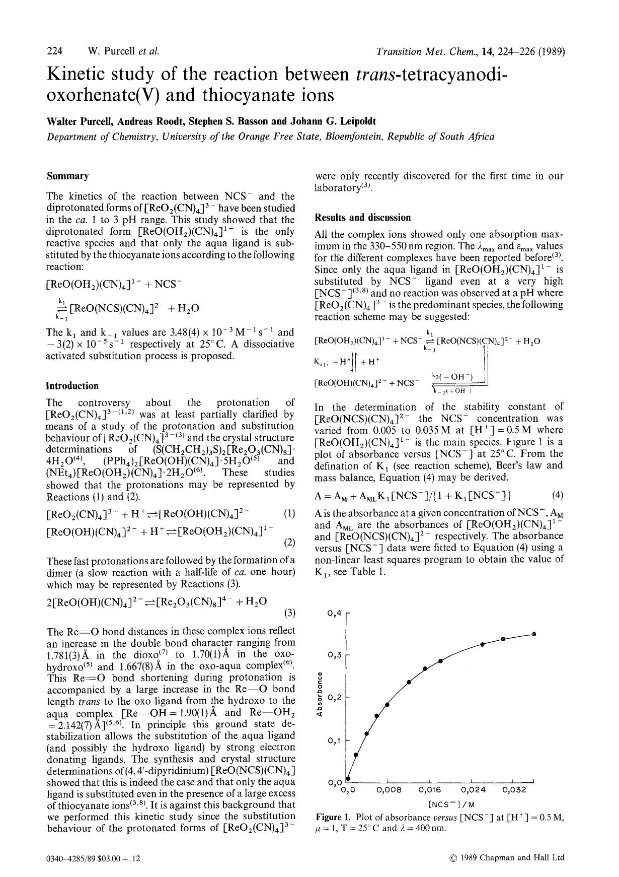 Kinetic study of the reaction between <Emphasis Type="Italic">trans <Emphasis>-tetracyanodioxorhenate(V) and thiocyanate ions by Unknown
