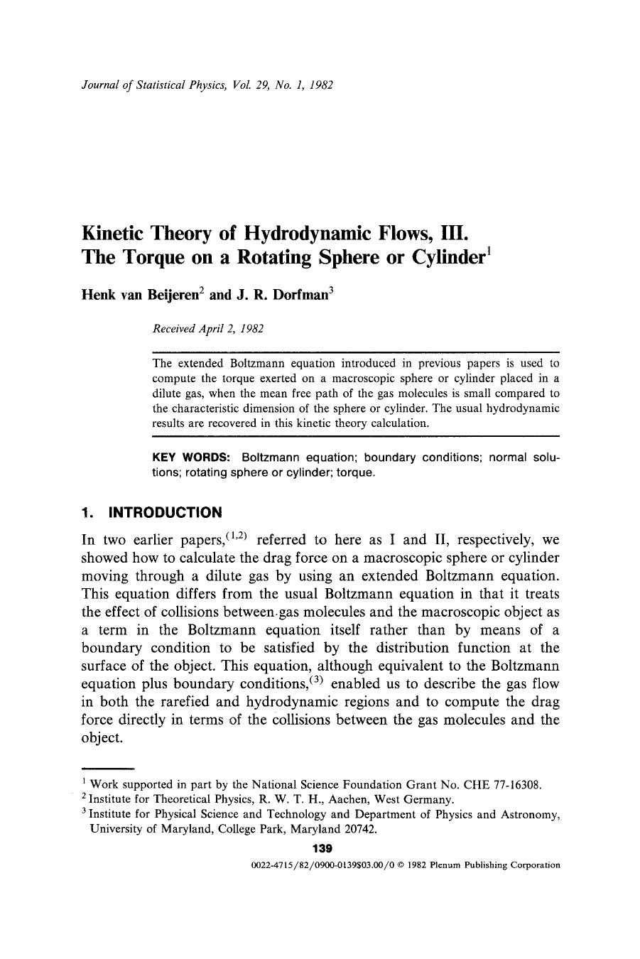 Kinetic theory of hydrodynamic flows, III. the torque on a rotating sphere or cylinder <Superscript>1 <Superscript> by Unknown
