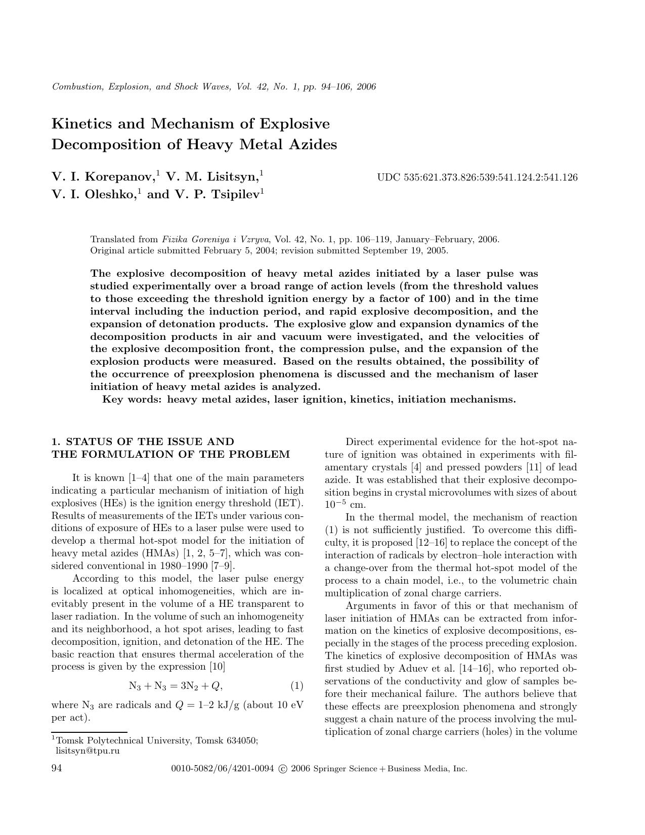 Kinetics and Mechanism of Explosive Decomposition of Heavy Metal Azides by Unknown