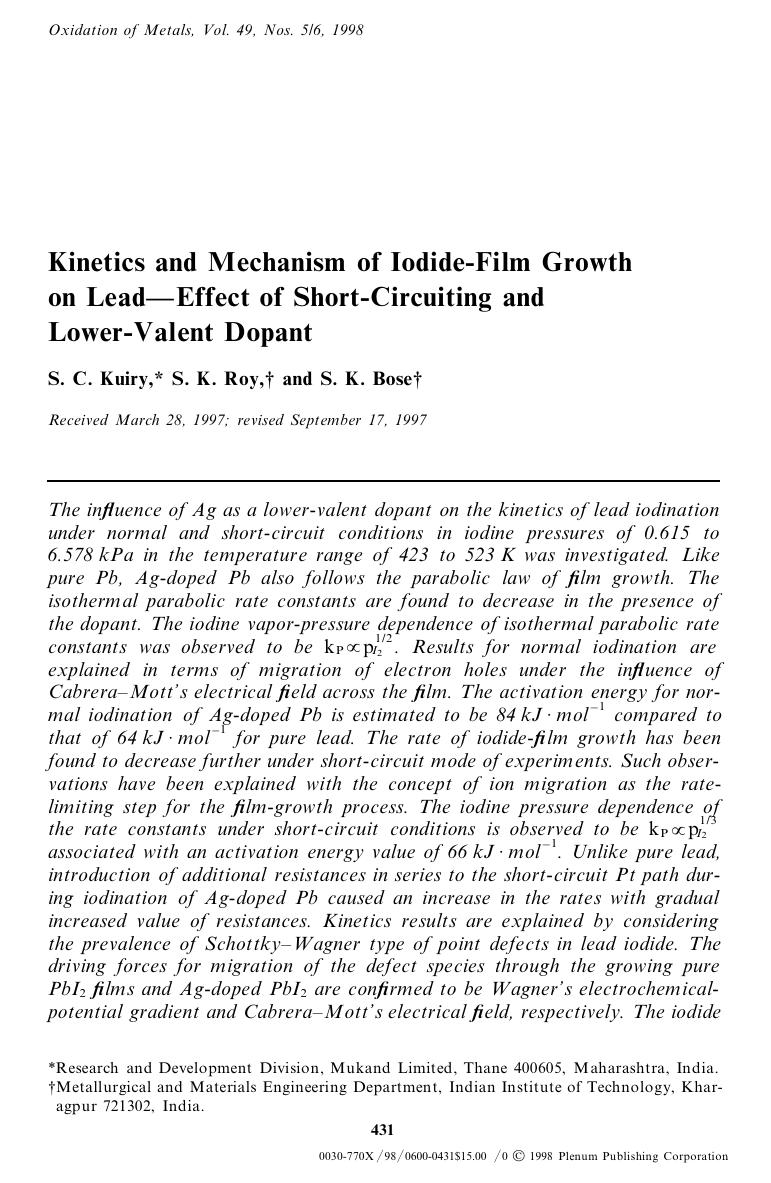 Kinetics and Mechanism of Iodide-Film Growth on Lead-Effect of Short-Circuiting and Lower-Valent Dopant by Unknown