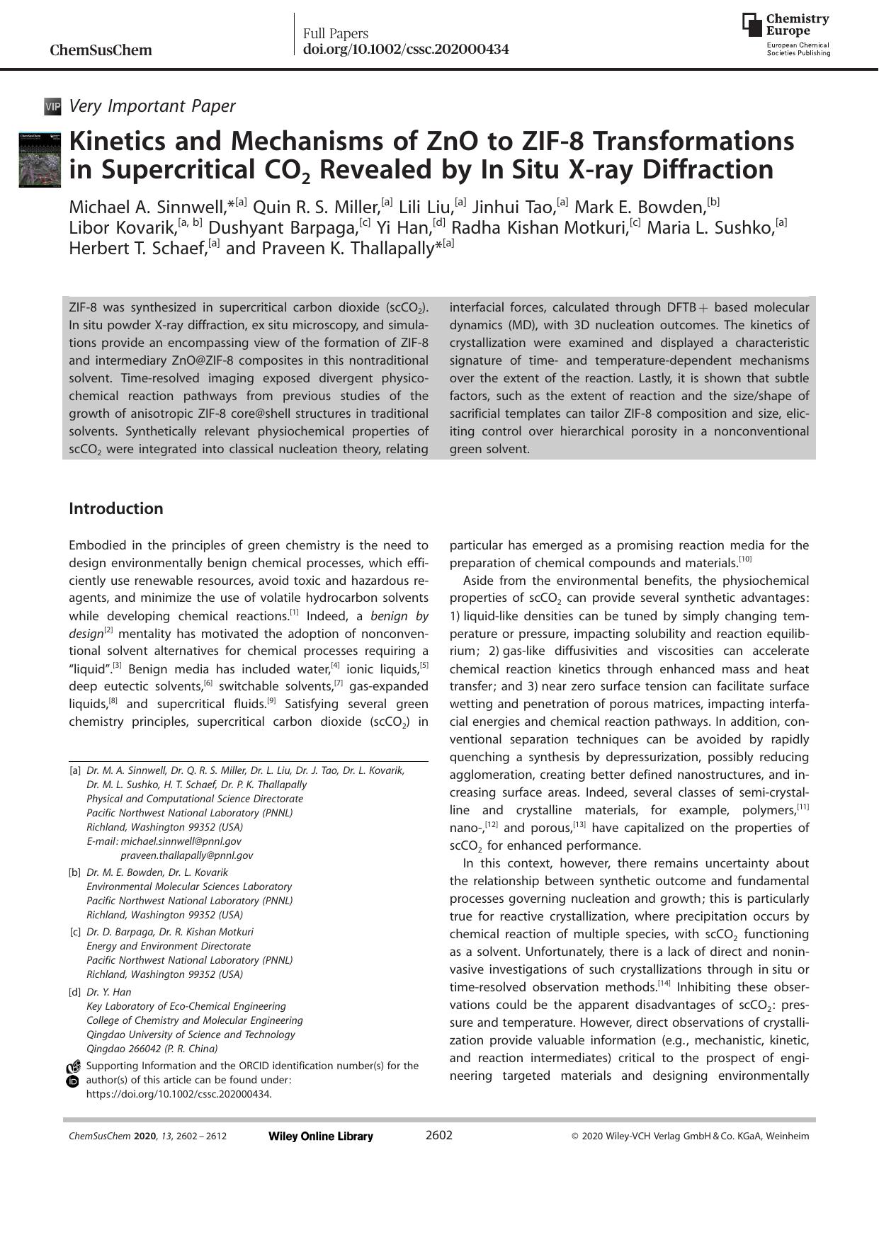 Kinetics and Mechanisms of ZnO to ZIFâ8 Transformations in Supercritical CO2 Revealed by InâSitu Xâray Diffraction by Unknown