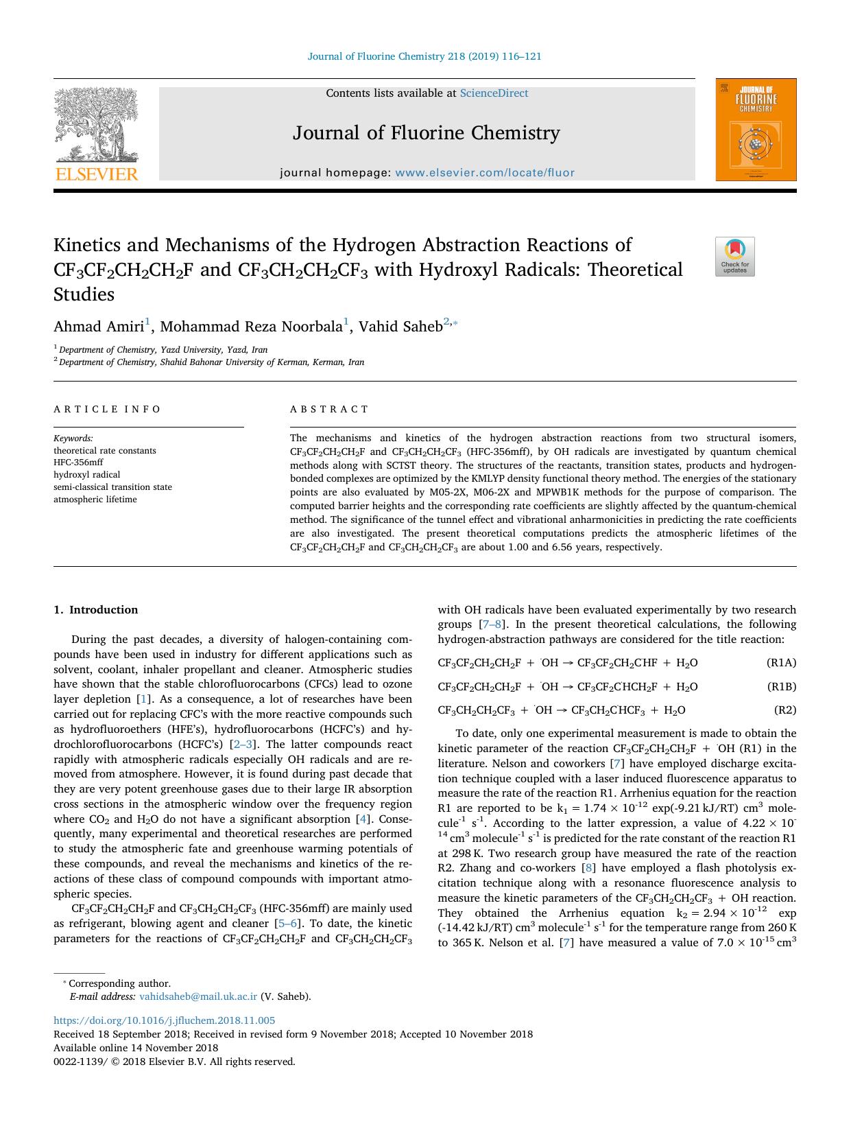 Kinetics and Mechanisms of the Hydrogen Abstraction Reactions of CF3CF2CH2CH2F and CF3CH2CH2CF3 with Hydroxyl Radicals_ Theoretical Studies by Ahmad Amiri & Mohammad Reza Noorbala & Vahid Saheb