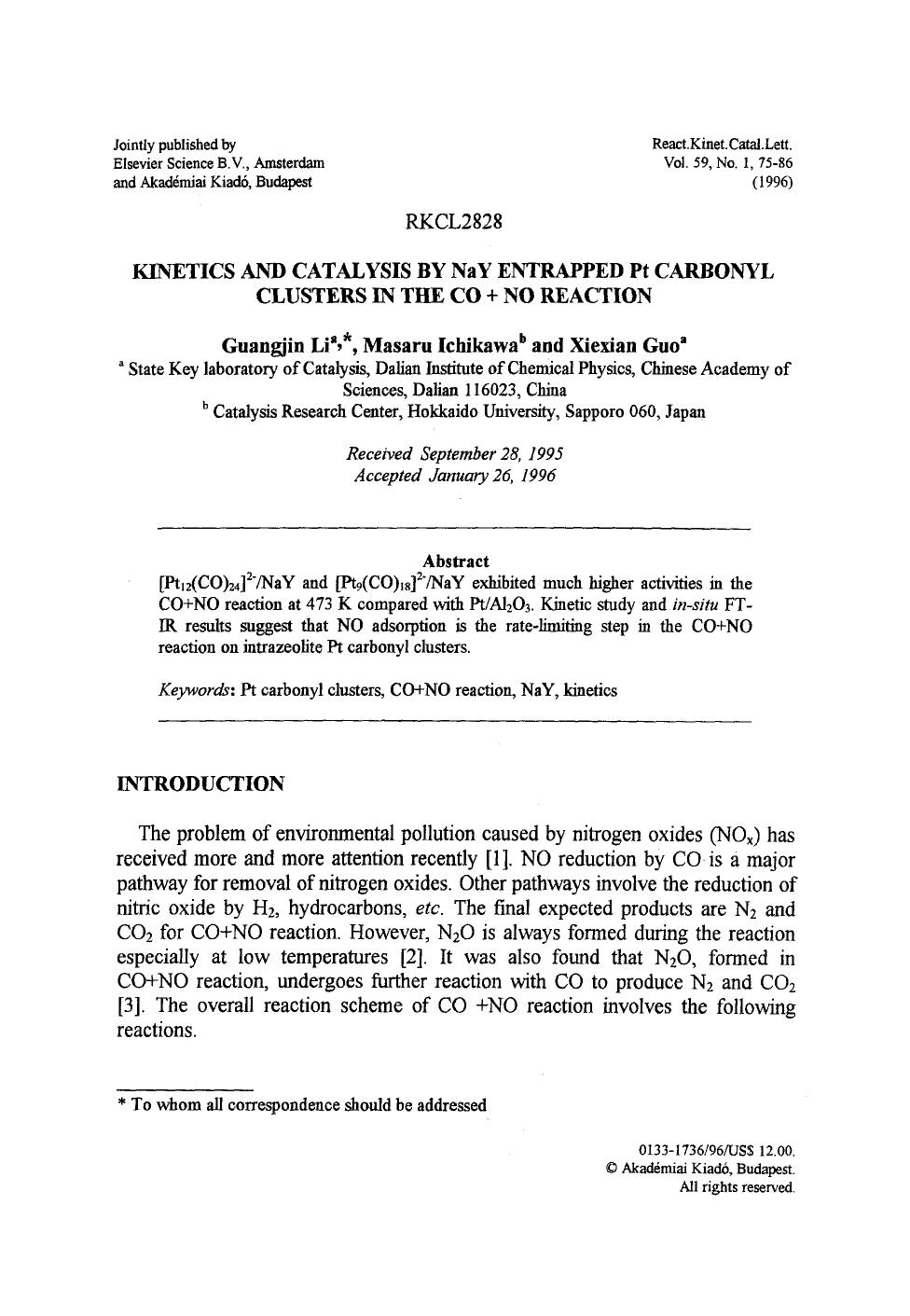Kinetics and catalysis by NaY entrapped Pt carbonyl clusters in the CO+NO reaction by Unknown