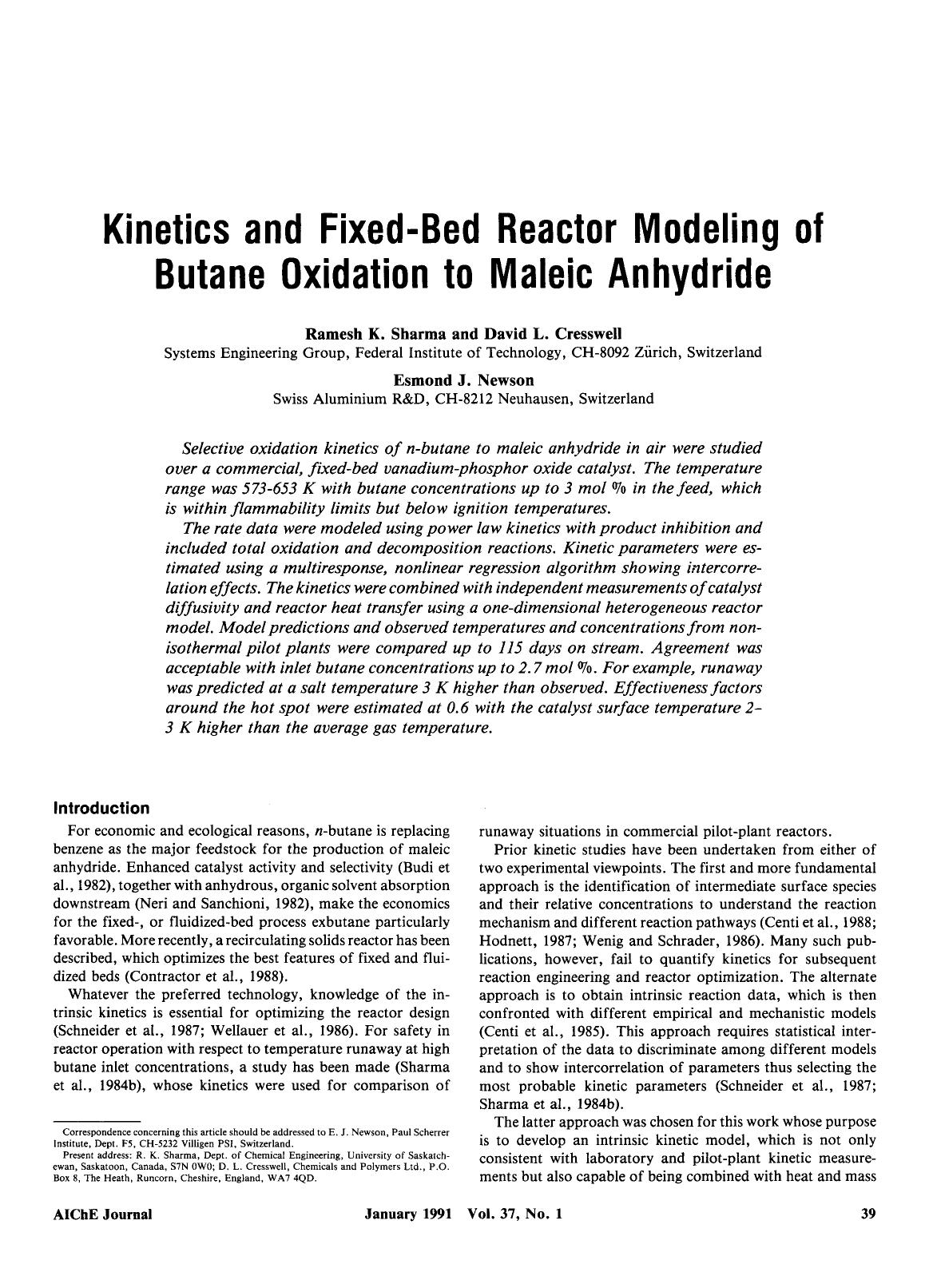 Kinetics and fixed-bed reactor modeling of butane oxidation to maleic anhydride by Unknown