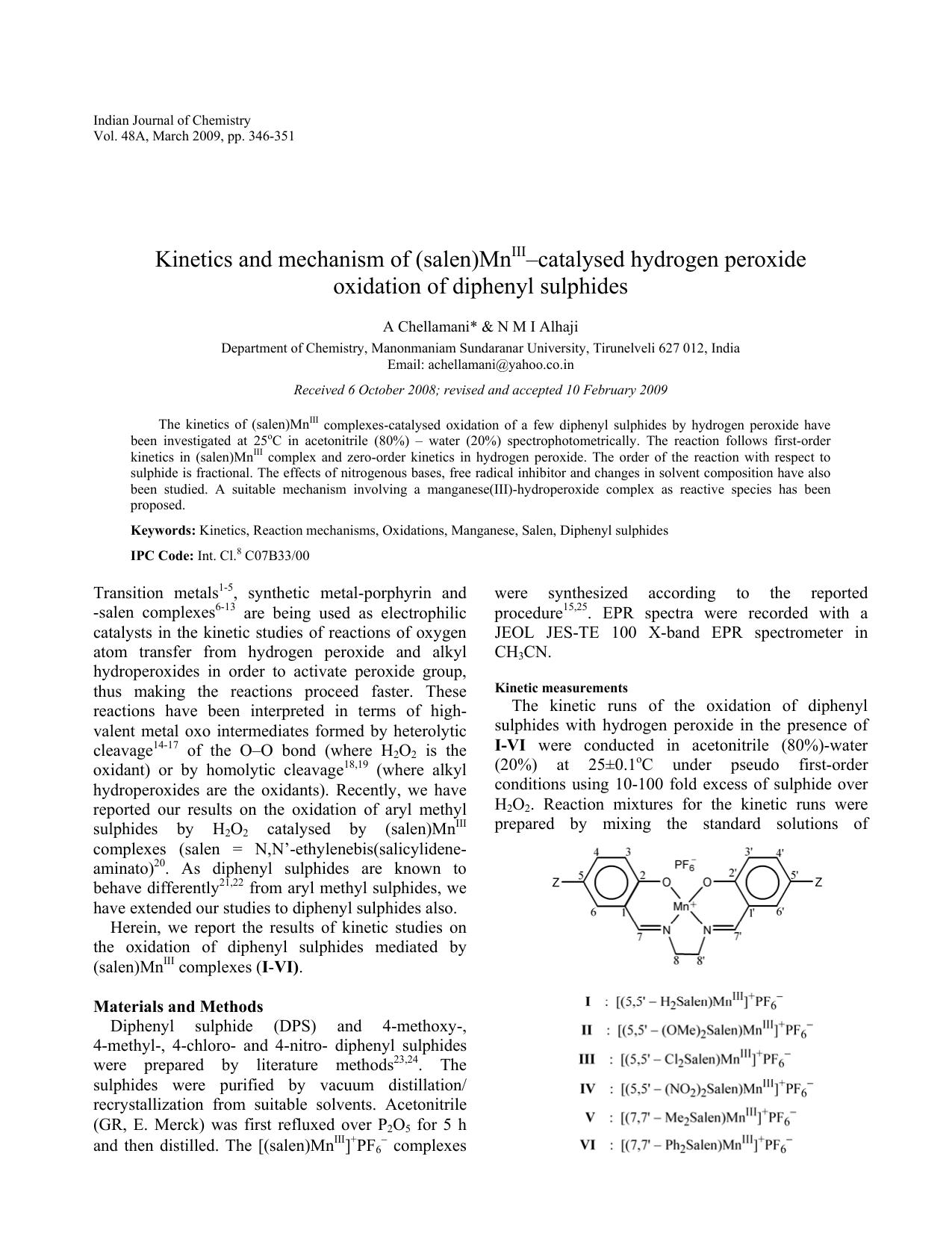 Kinetics and mechanism of (salen)MnIII âcatalysed hydrogen peroxide oxidation of diphenyl sulphides by dk