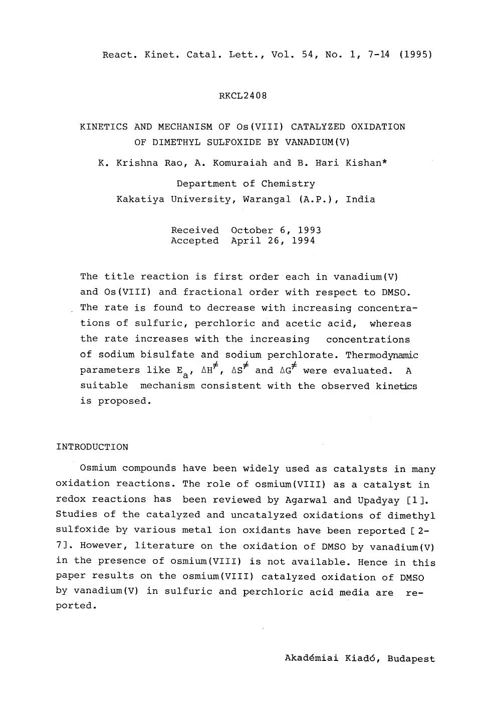 Kinetics and mechanism of Os(VIII) catalyzed oxidation of dimethyl sulfoxide by vanadium(V) by Unknown