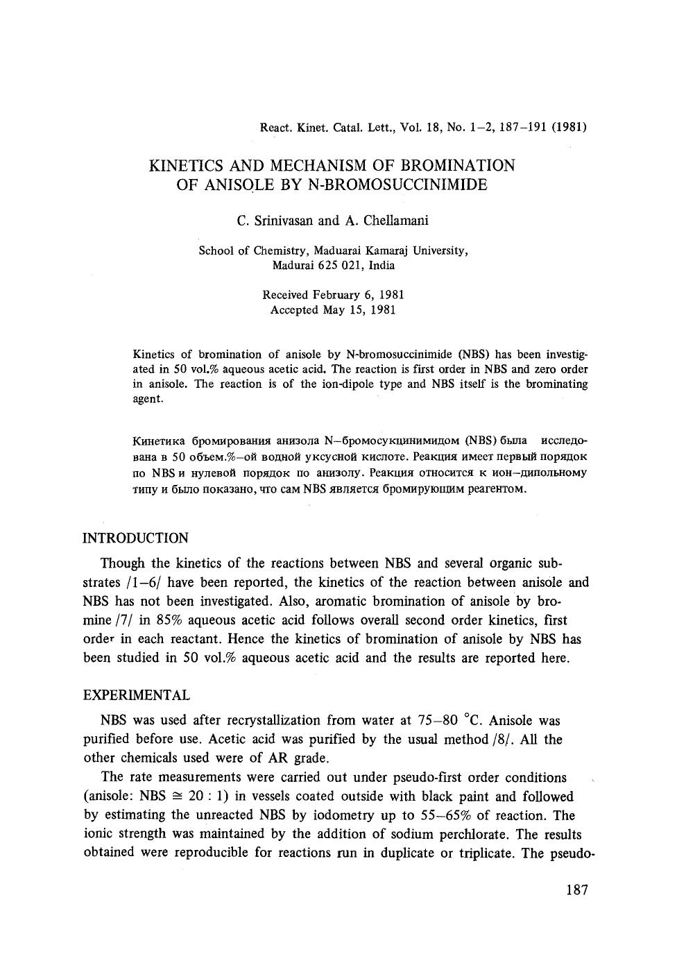 Kinetics and mechanism of bromination of anisole by N-bromosuccinimide by Unknown