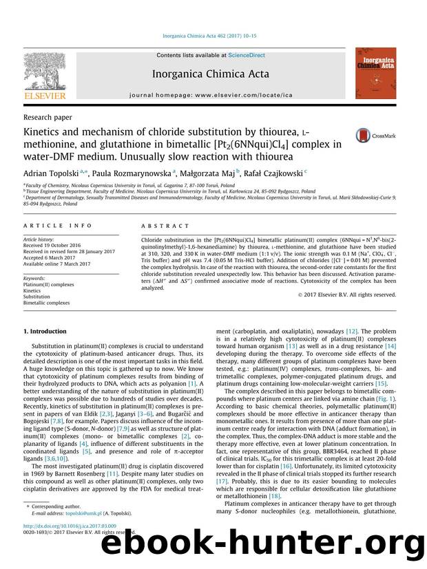 Kinetics and mechanism of chloride substitution by thiourea, l-methionine, and glutathione in bimetallic [Pt2(6NNqui)Cl4] complex in water-DMF medium. Unusually slow reaction with thiourea by Adrian Topolski & Paula Rozmarynowska & Małgorzata Maj & Rafał Czajkowski