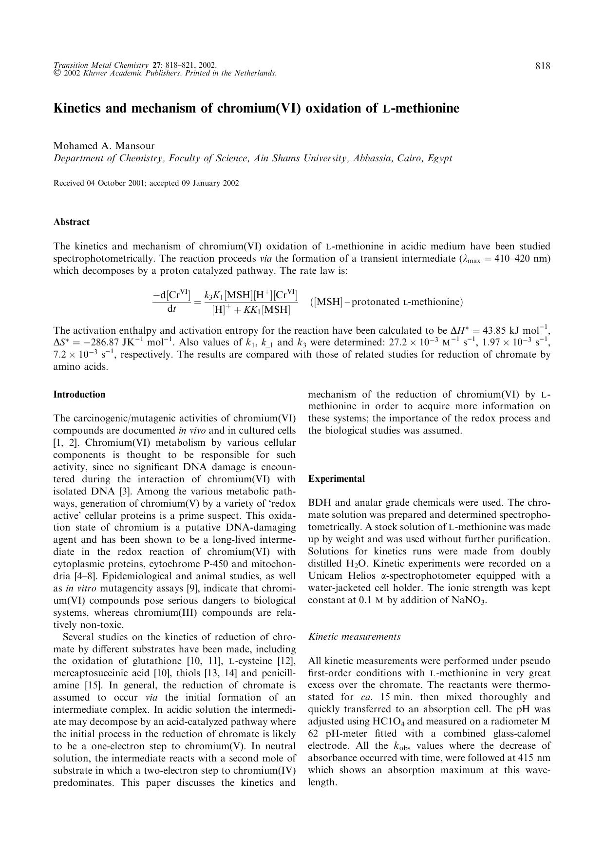 Kinetics and mechanism of chromium(VI) oxidation of L-methionine by Unknown