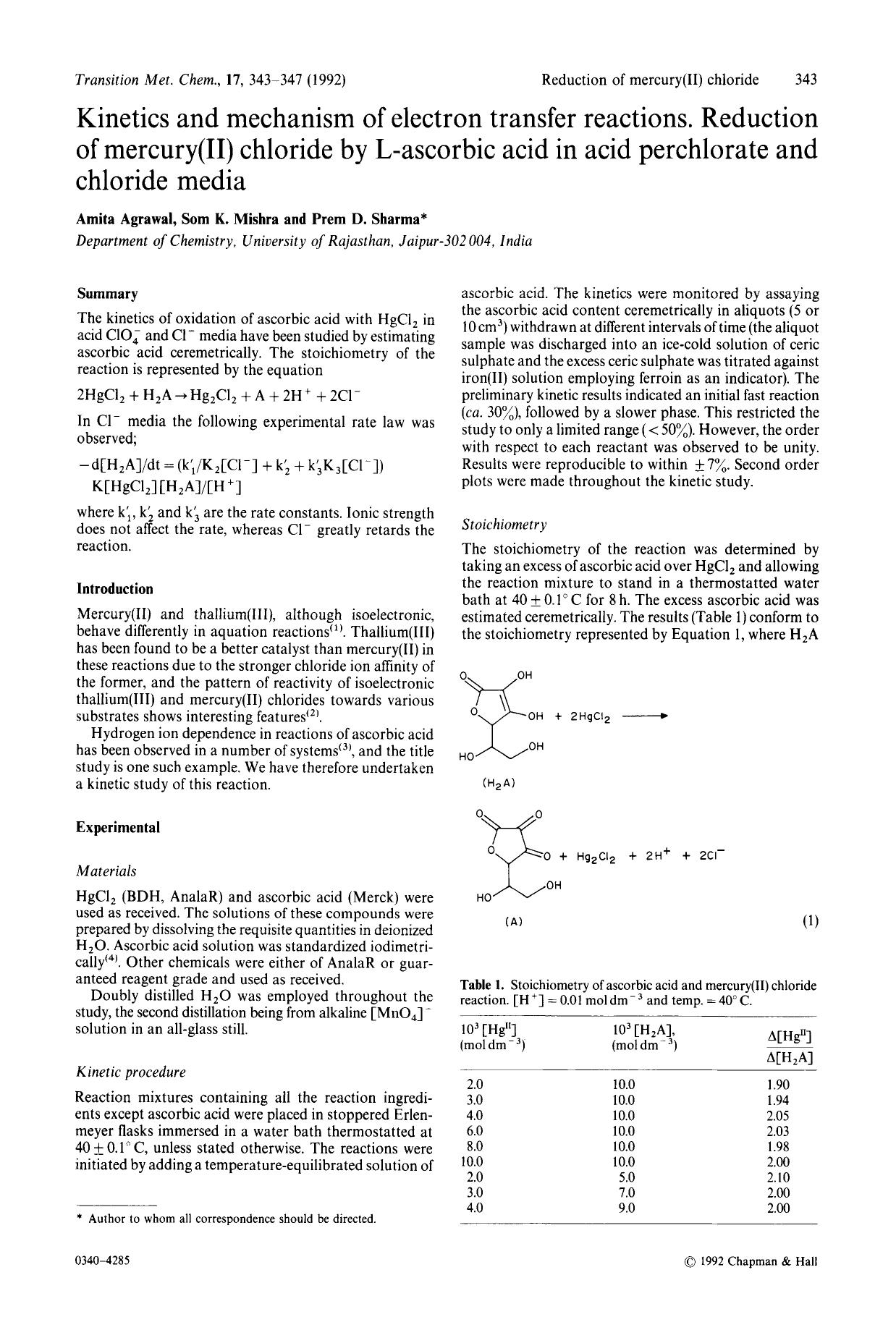 Kinetics and mechanism of electron transfer reactions. Reduction of mercury(II) chloride by L-ascorbic acid in acid perchlorate and chloride media by Unknown