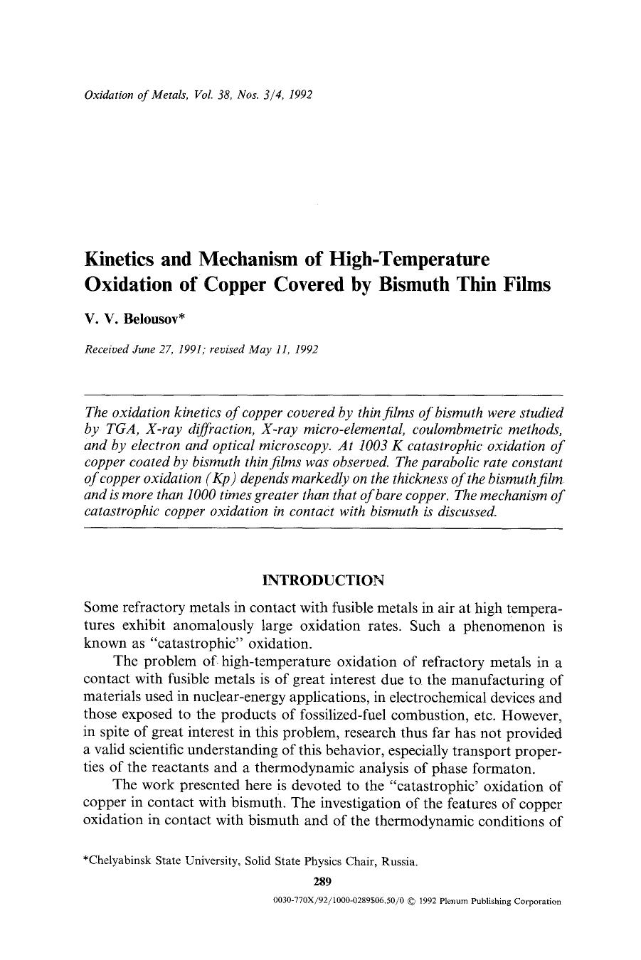 Kinetics and mechanism of high-temperature oxidation of copper covered by bismuth thin films by Unknown