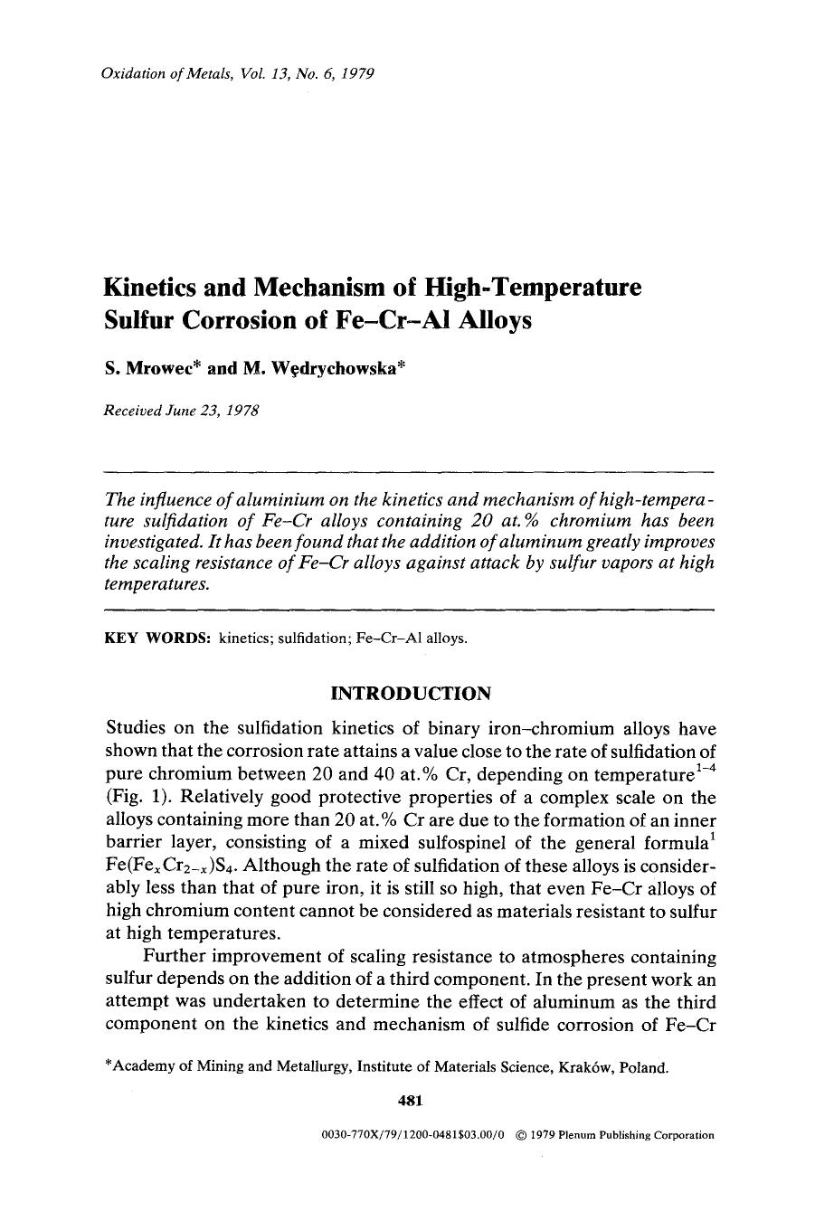 Kinetics and mechanism of high-temperature sulfur corrosion of Fe-Cr-Al alloys by Unknown